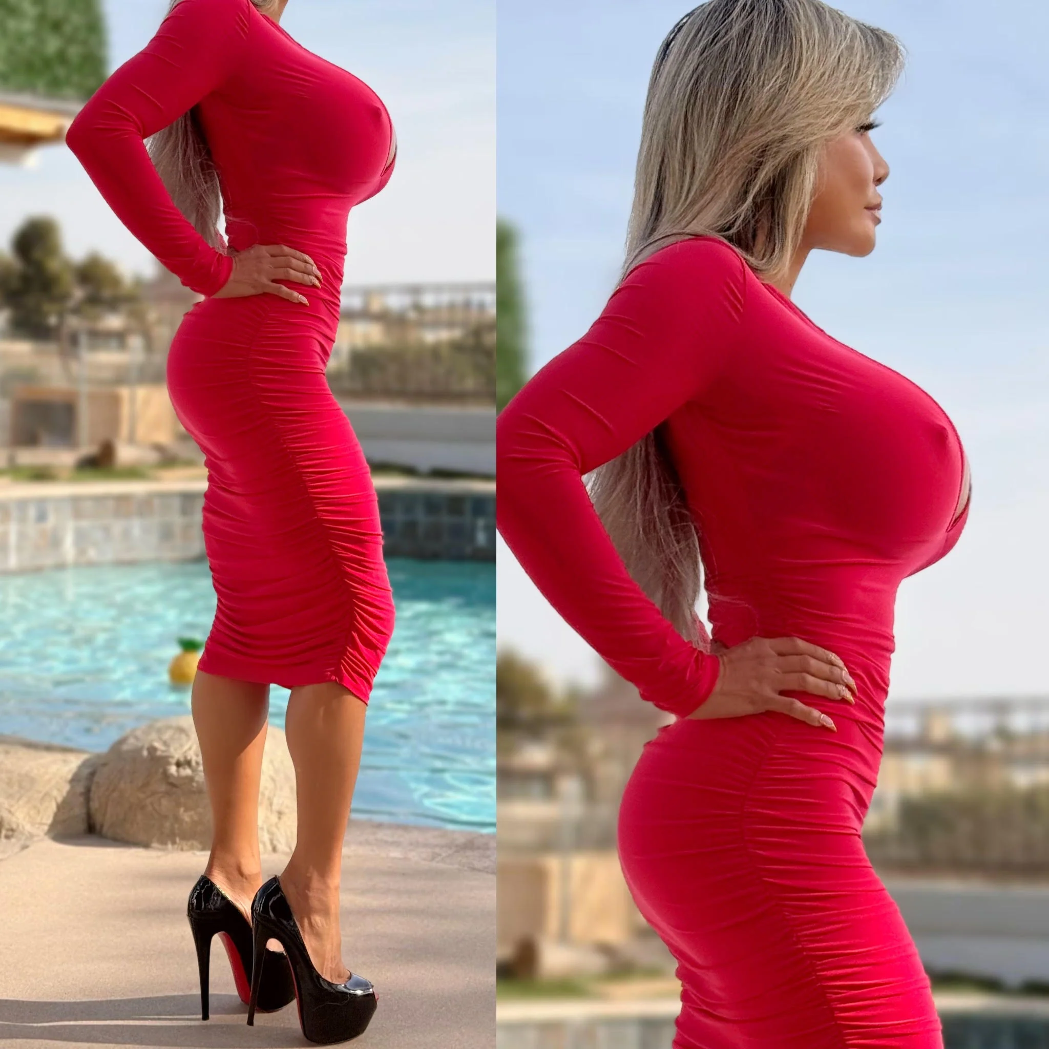 Connie's EXCLUSIVE "PURE RED VIXEN Pencil Midi" DEEP Plunge Chest, Ruched Lower, With a SUPER Stretch Tight Fit - Image 5