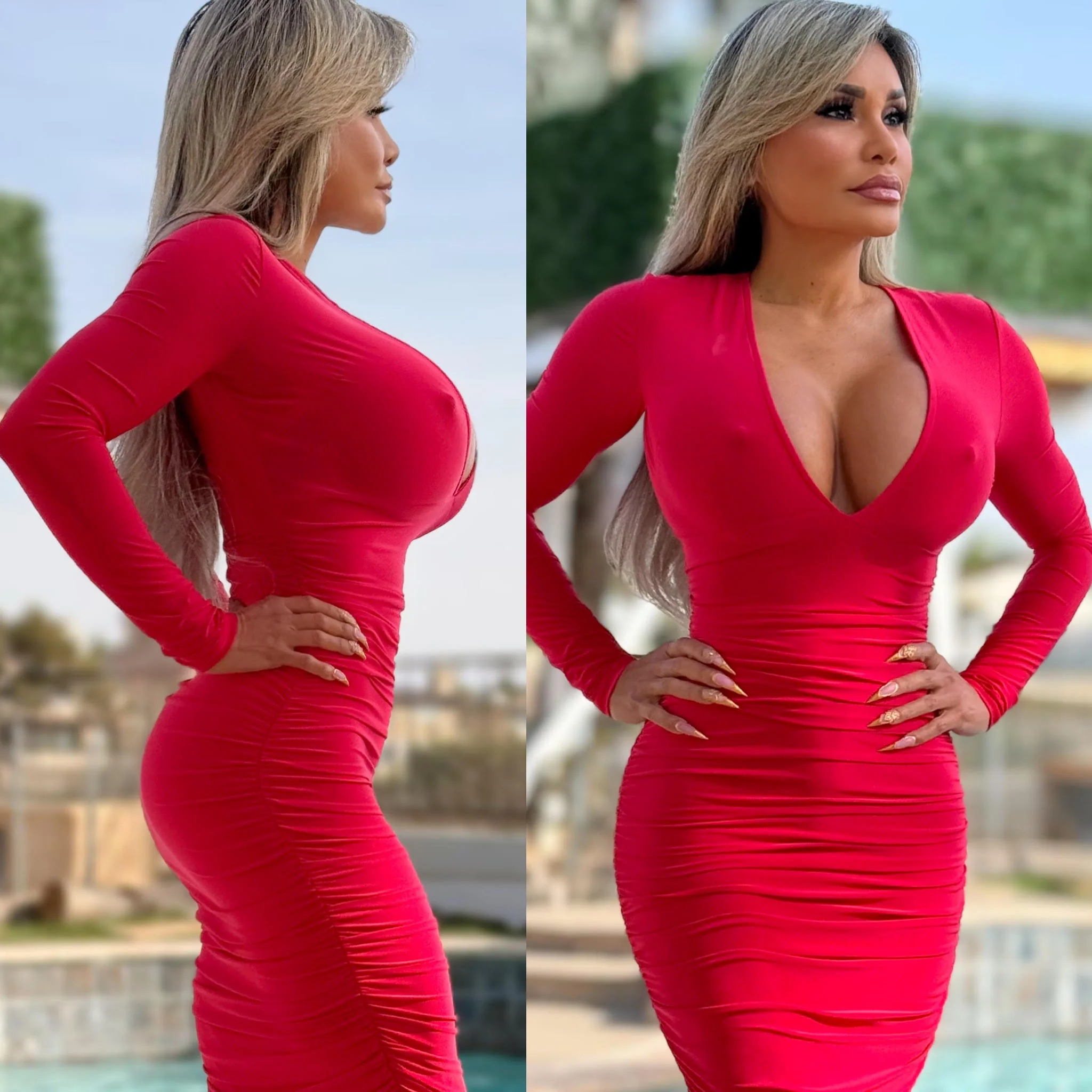 Connie's EXCLUSIVE "PURE RED VIXEN Pencil Midi" DEEP Plunge Chest, Ruched Lower, With a SUPER Stretch Tight Fit - Image 6