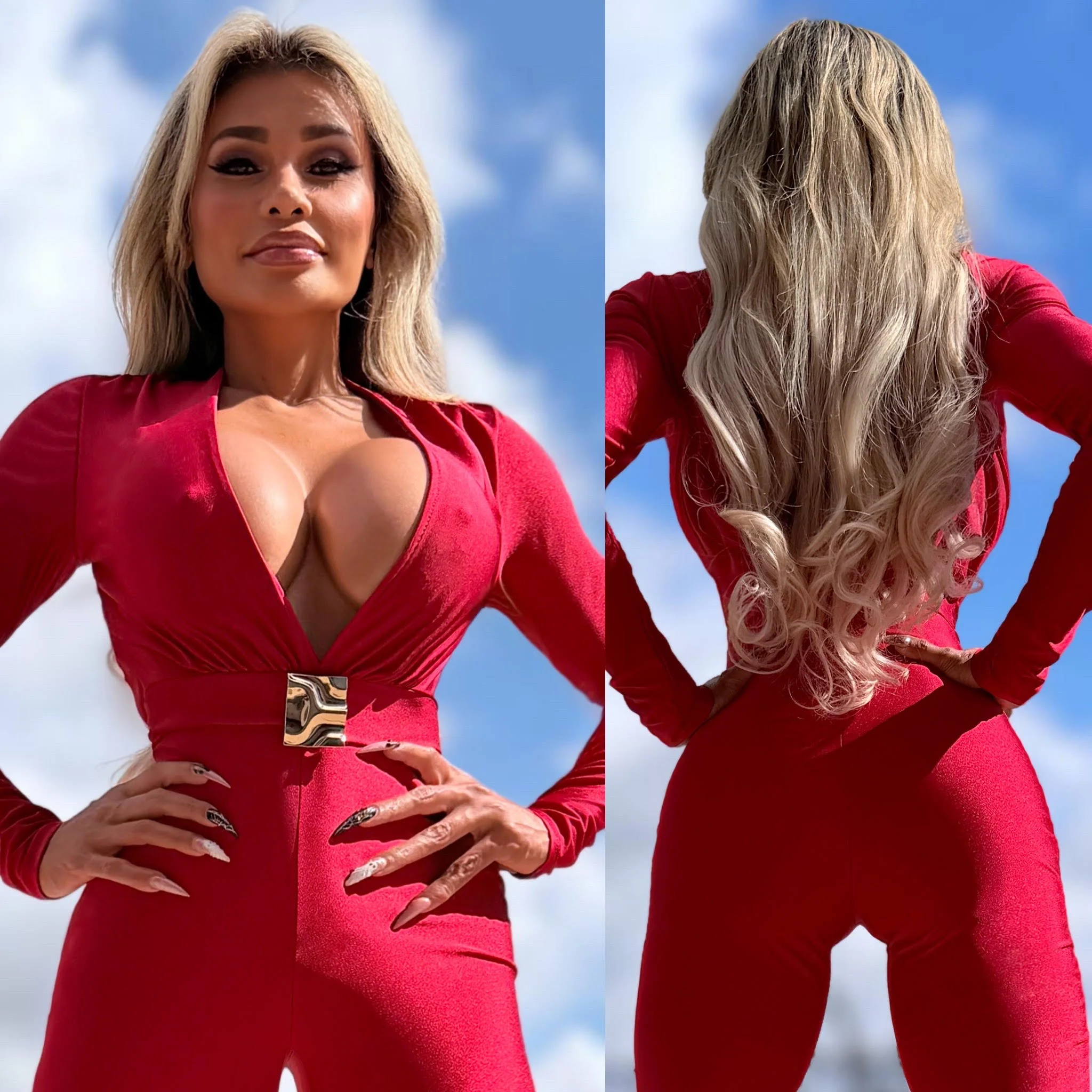 Connie's "RICH RED MERCURY VIP 🥂 Jumpsuit" DEEP PLUNGE, FULL Stretch Fit, No Zippers with a Silver Metal Accent - Image 6