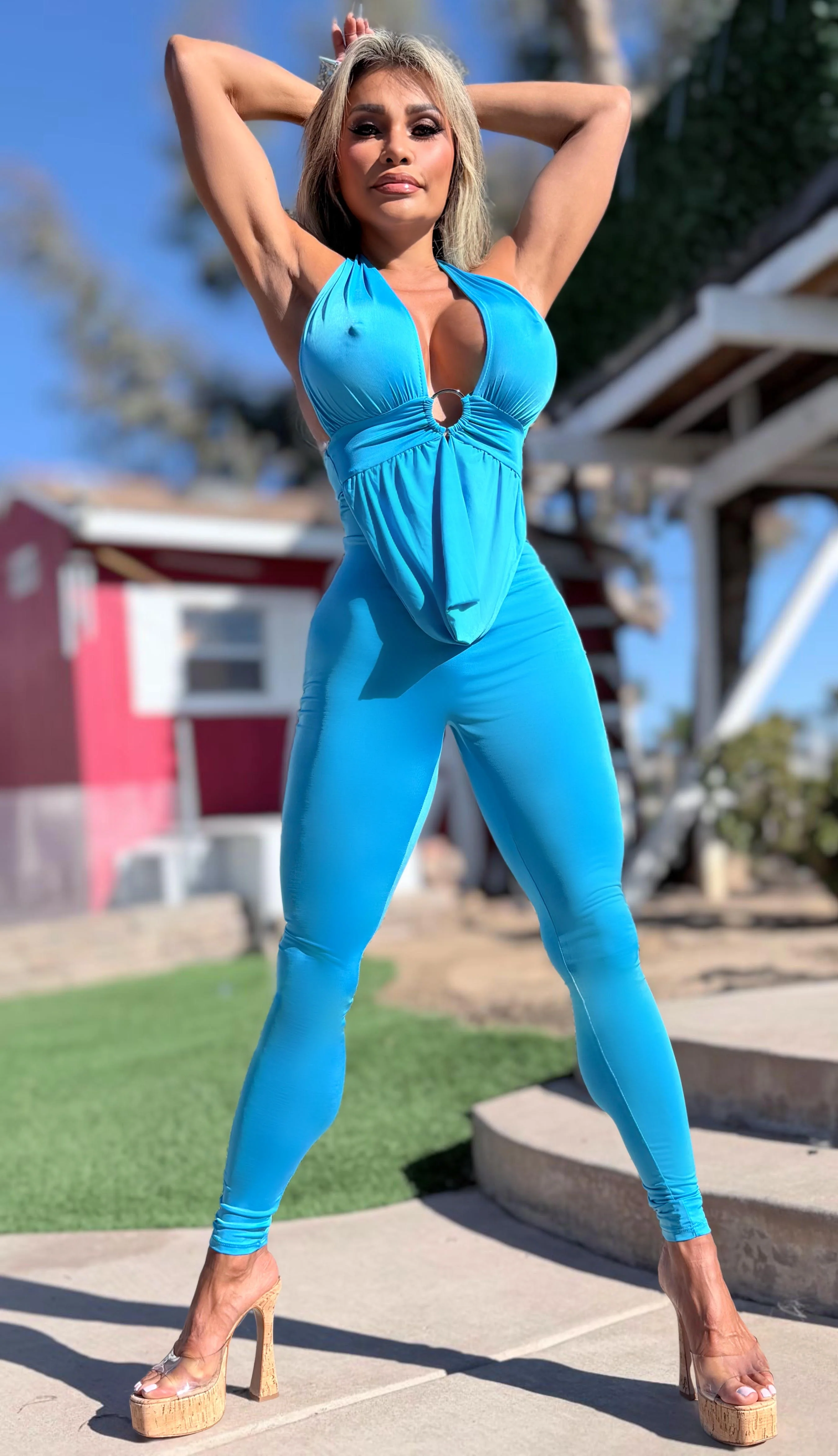 Connie's EXCLUSIVE "BLUE WAVE 🌊🌊🌊 CLUB JUMPSUIT 🥂🍾🥂" Backless Halter, SNUG Full Stretch Fit, No Zippers - Image 7