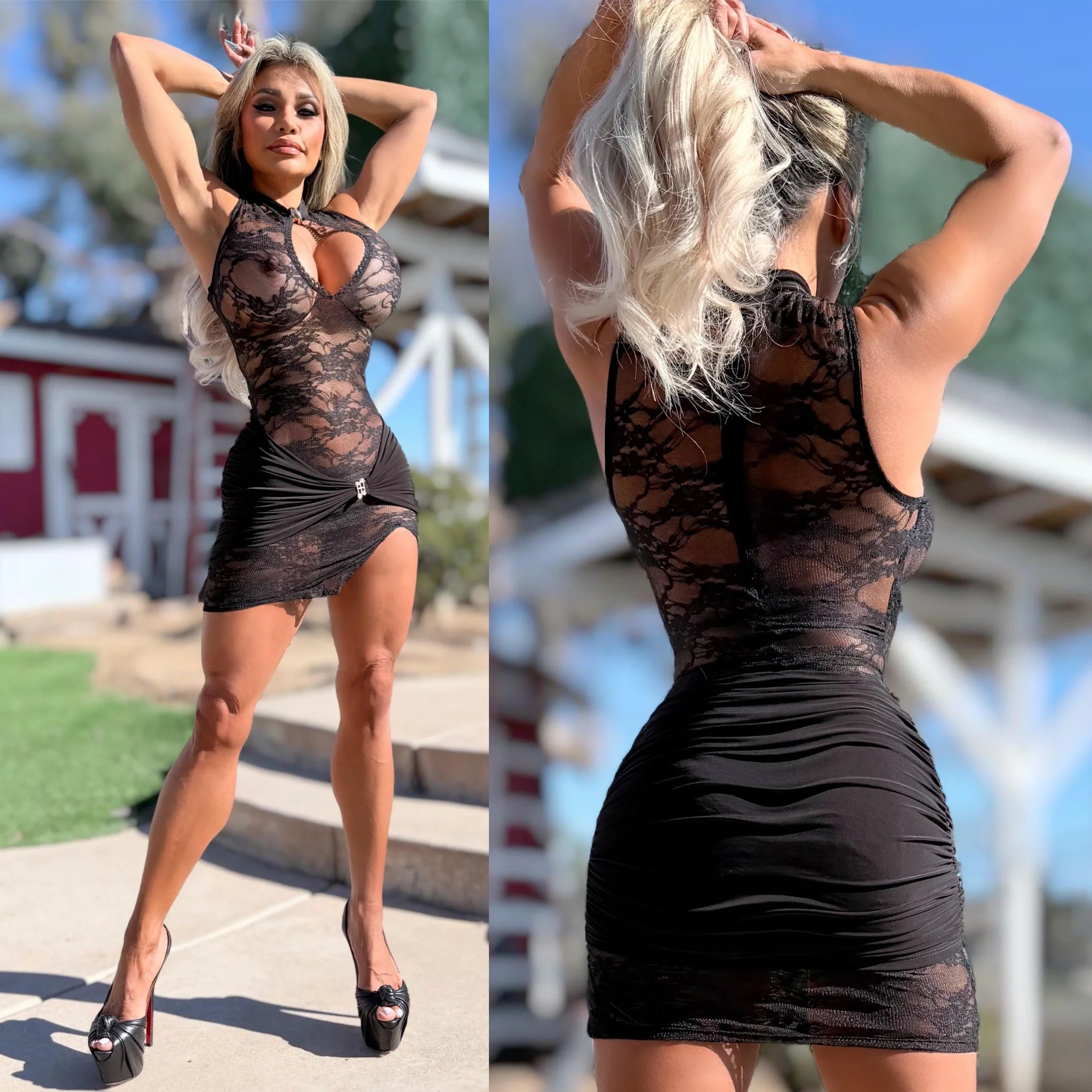 Connie's EXCLUSIVE "SEDUCTIVE BLACK LACE OPEN CHEST MINI" Full STRETCH See Thru Lace, with Wrap Skirt Lower and Gold Buckle Accents - Image 4