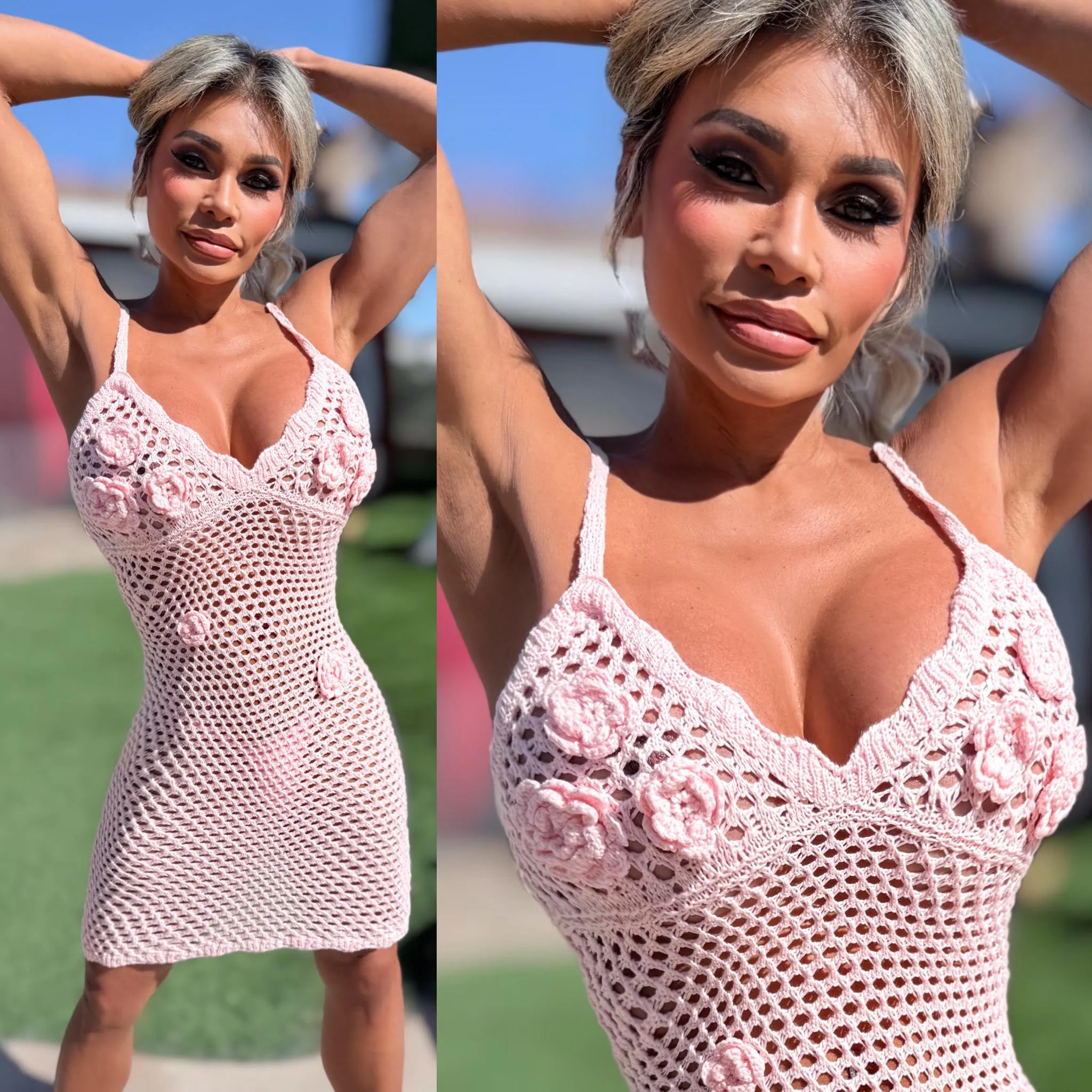 Connie's EXCLUSIVE $ RICH "PINK KITTY CROCHET MINI DRESS" Unlined, adjustable shoulder Straps, Soft feel and Stretch - Image 2