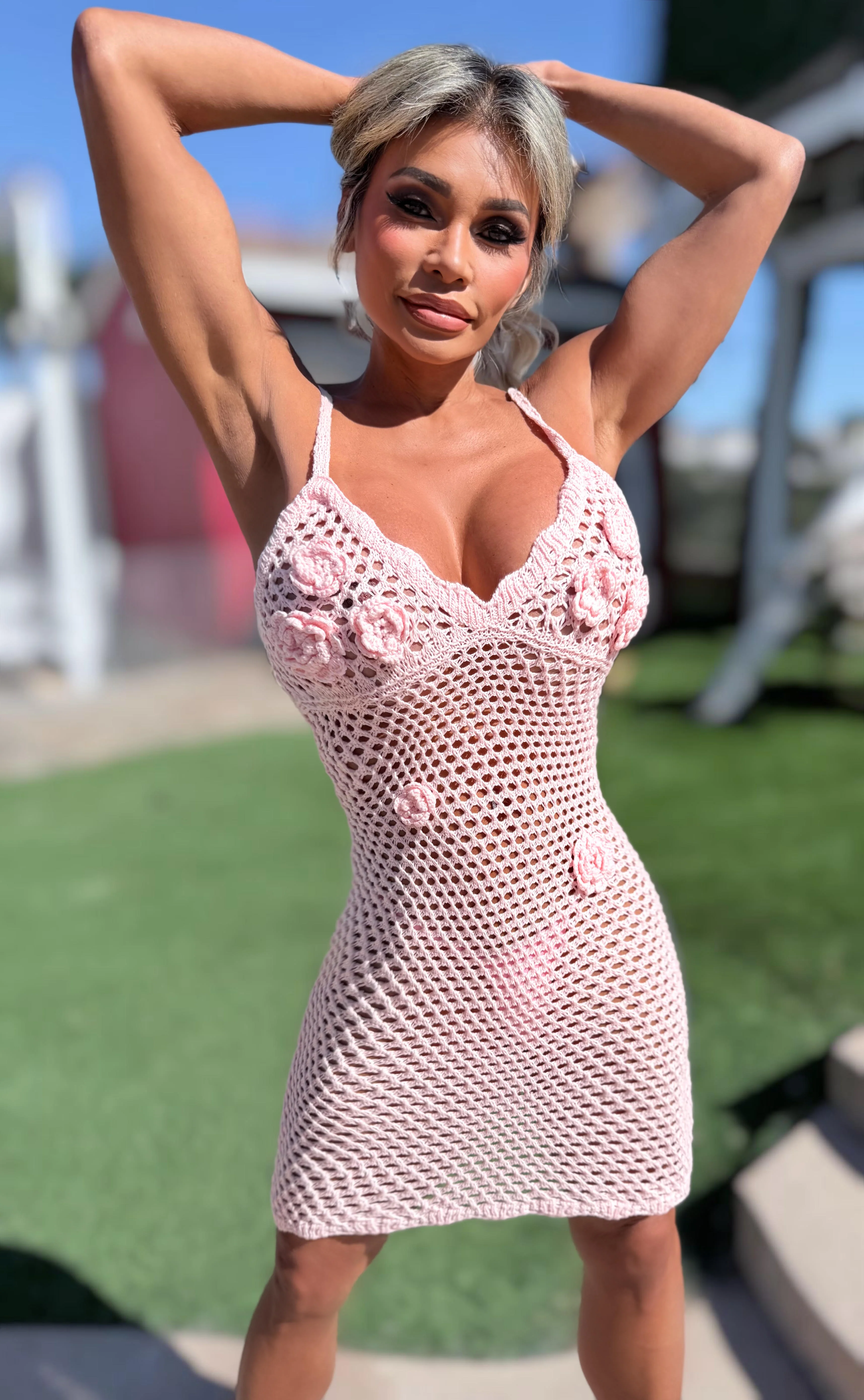 Connie's EXCLUSIVE $ RICH "PINK KITTY CROCHET MINI DRESS" Unlined, adjustable shoulder Straps, Soft feel and Stretch - Image 6