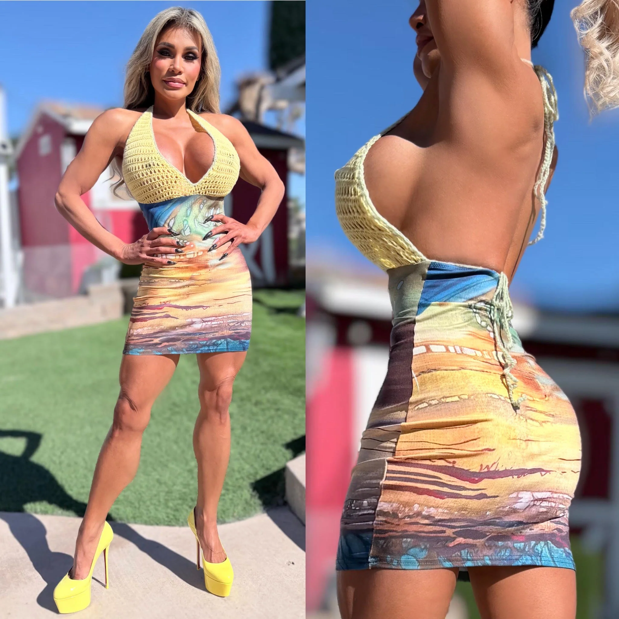 Connie's EXCLUSIVE "DESERT SUNSET MINI DRESS" SUNSET LOWER CROCHET UPPER, Adjustable Halter Neck and Back tie - Image 2