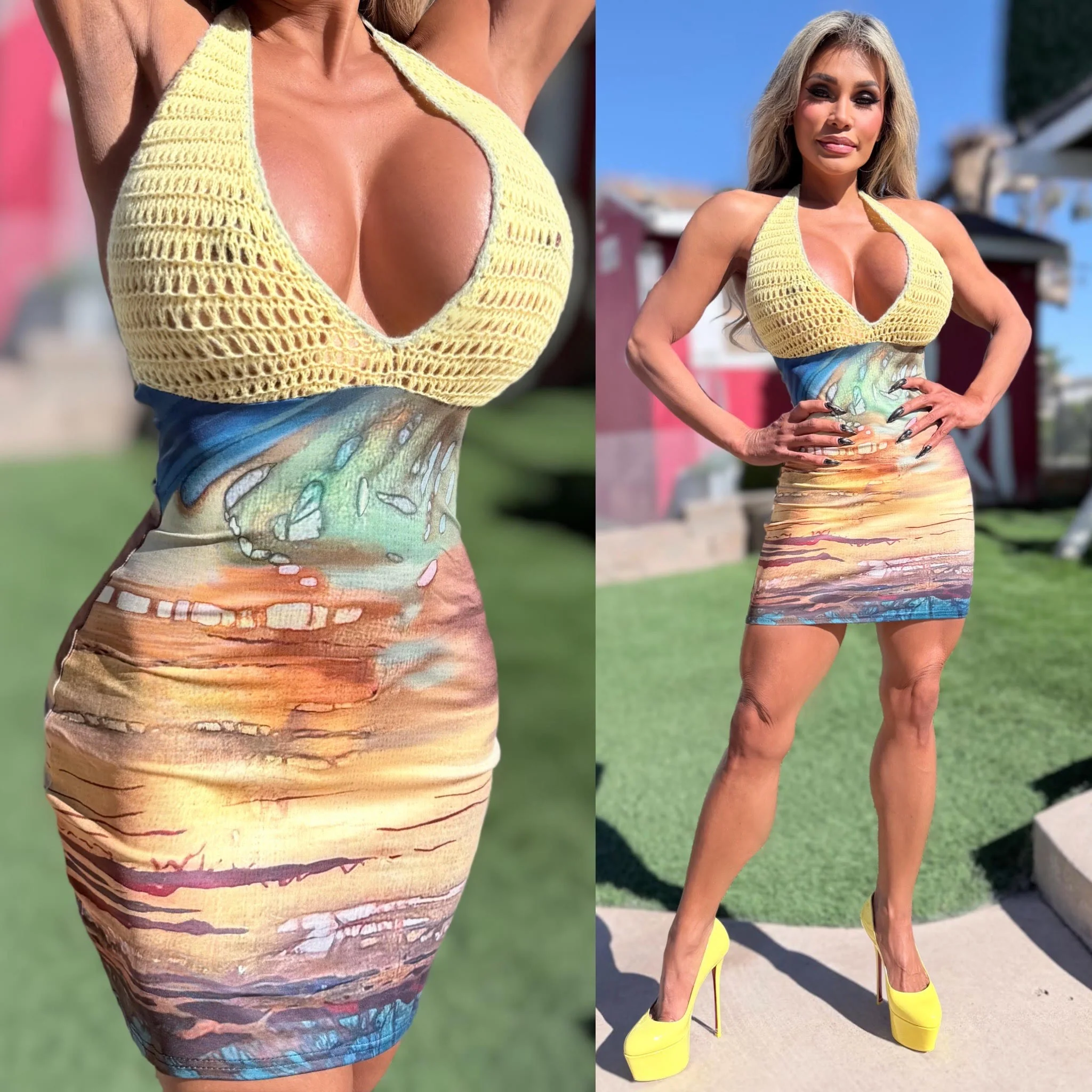 Connie's EXCLUSIVE "DESERT SUNSET MINI DRESS" SUNSET LOWER CROCHET UPPER, Adjustable Halter Neck and Back tie - Image 4