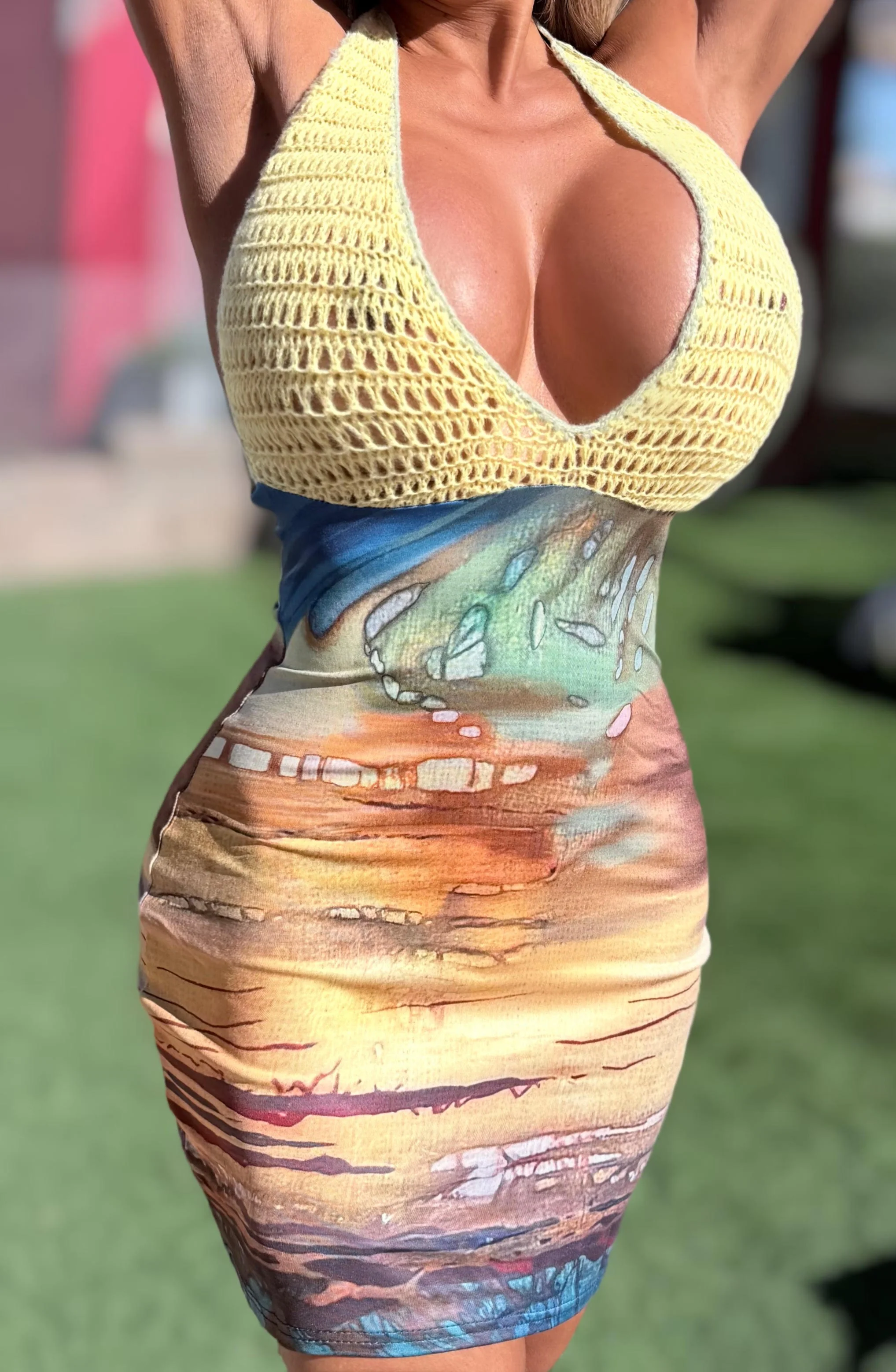 Connie's EXCLUSIVE "DESERT SUNSET MINI DRESS" SUNSET LOWER CROCHET UPPER, Adjustable Halter Neck and Back tie - Image 7