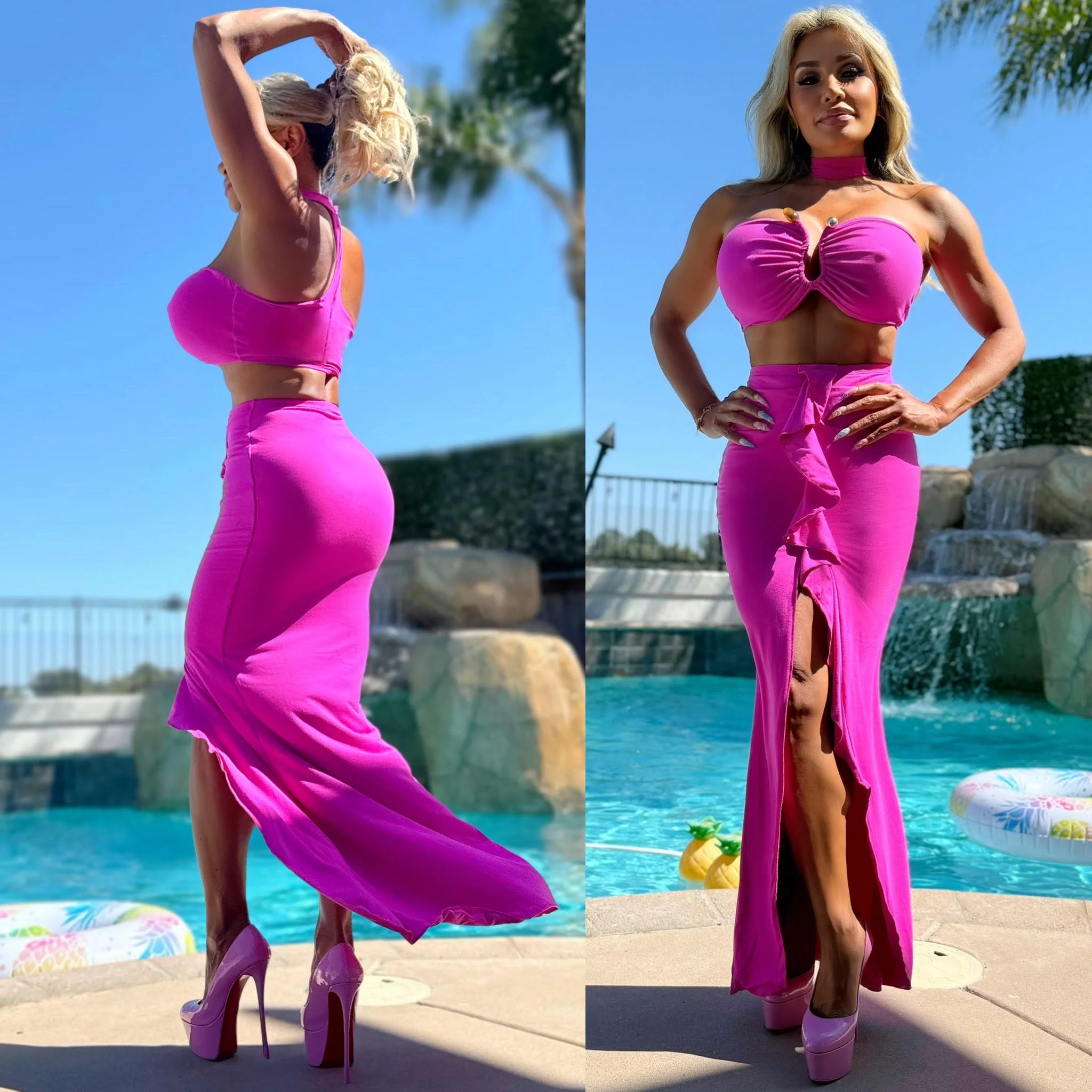FINAL SALE Connie's EXCLUSIVE "HAWAIIAN ๐๏ธ PASSION PINK SET" Racerback Choker Top and Maxi Skirt SET, Made in USA