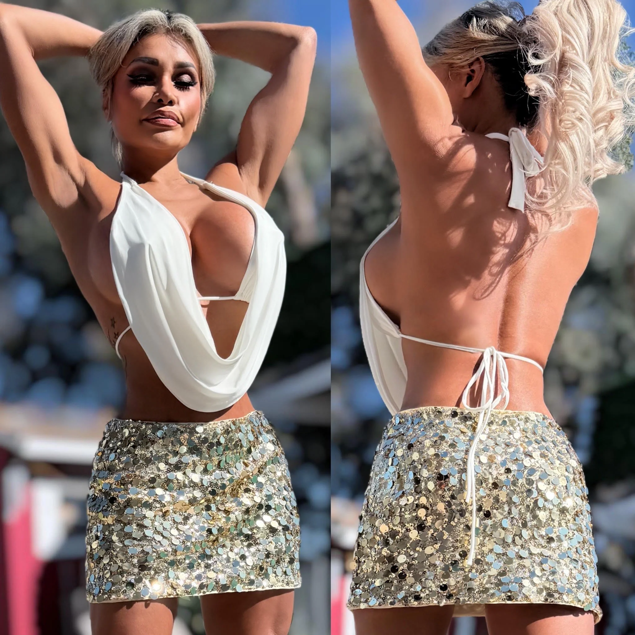 Connie's EXCLUSIVE "LOW RISE WAIST MODERN SEQUIN MINI SKIRT" GOLD Multi sized Sequin, Lined and Stretch Fit, Zip Closure - Image 3