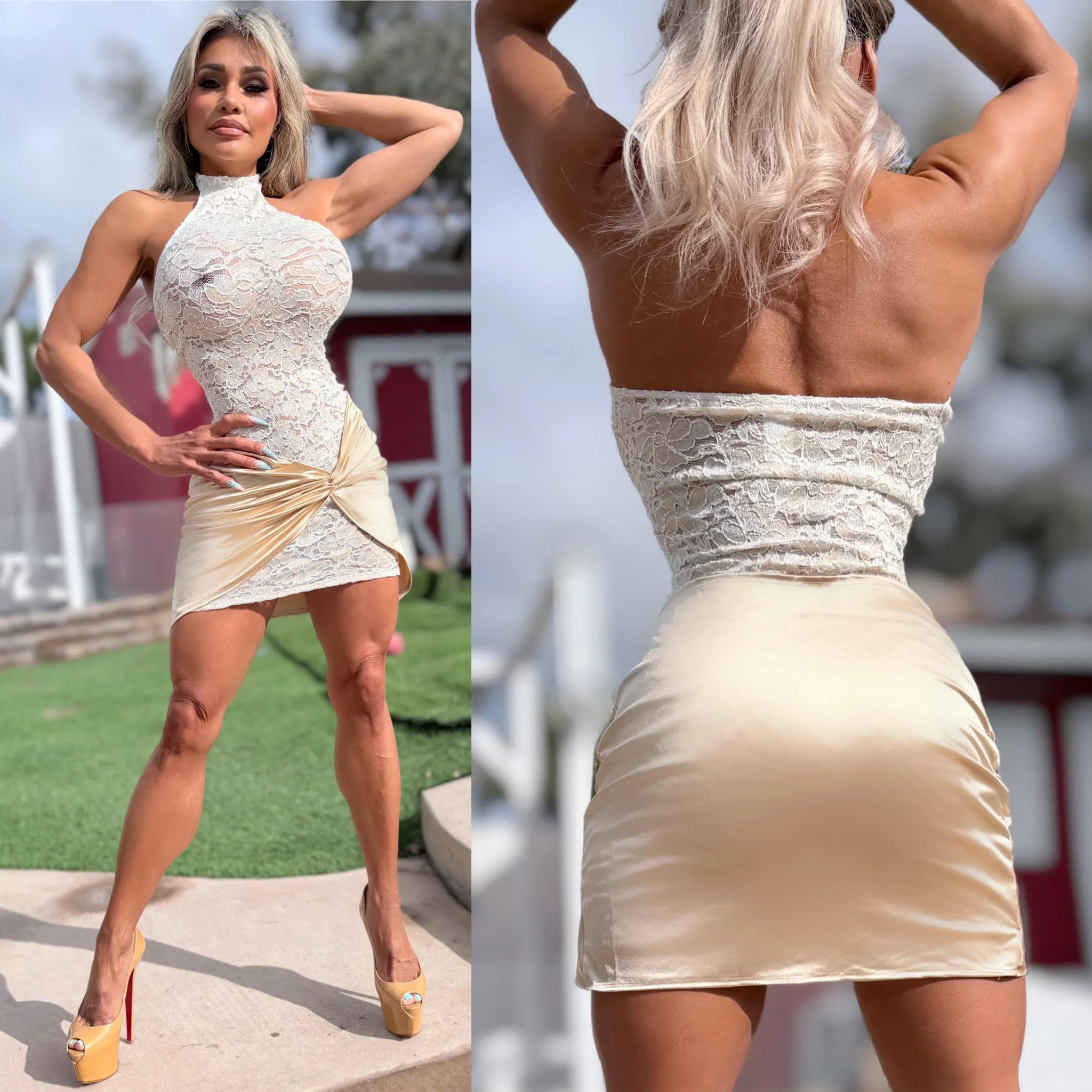Connie's EXCLUSIVE "ELEGANT and Semi SEE Thru WHITE & GOLD LACE MINI" Full STRETCH See Thru Lace, with Wrap Skirt Lower - Image 4