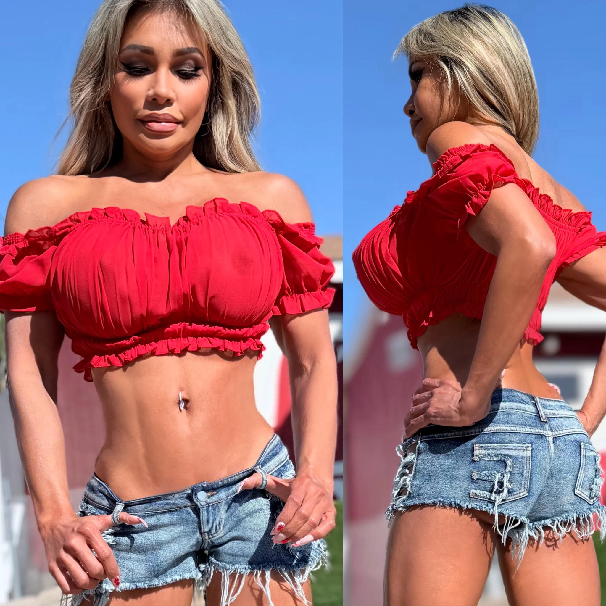 Connie's EXCLUSIVE!!! "Semi Sheer RED Crop Top" Soft Semi See thru with Elastic chest and arm to fit a wide range of sizes, Not For the Shy - Image 2