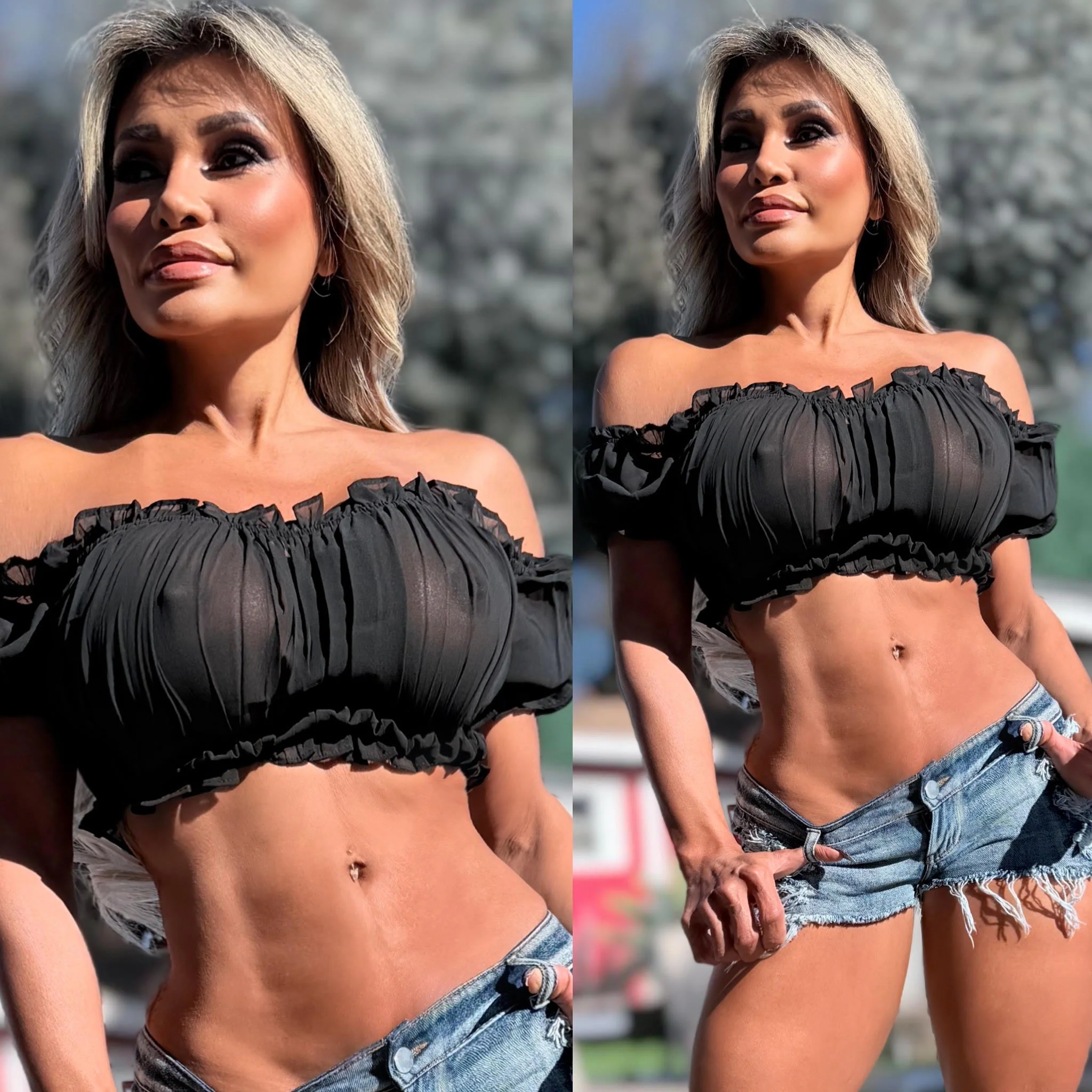 Connie's EXCLUSIVE!!! "Semi Sheer BLACK Crop Top" Soft Semi See thru with Elastic chest and arm to fit a wide range of sizes, Not For the Shy - Image 2