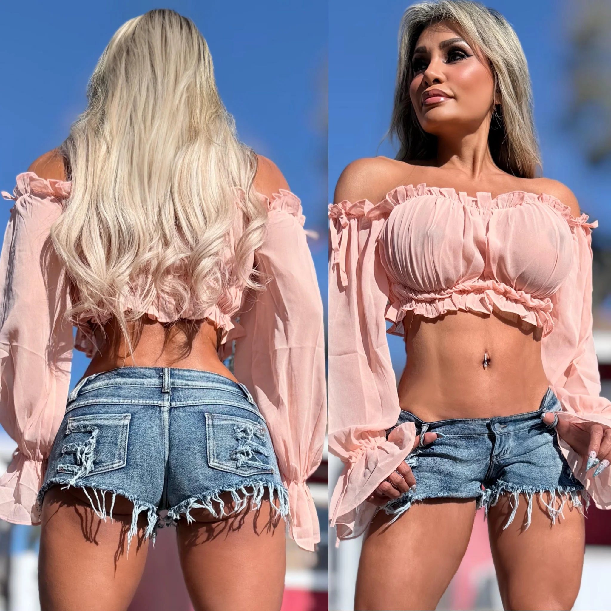 Connie's EXCLUSIVE!!! "Semi Sheer Passion Pink LONG SLEEVE Crop Top" Soft Semi See thru with Elastic chest to fit a wide range of sizes, Not For the Shy - Image 2