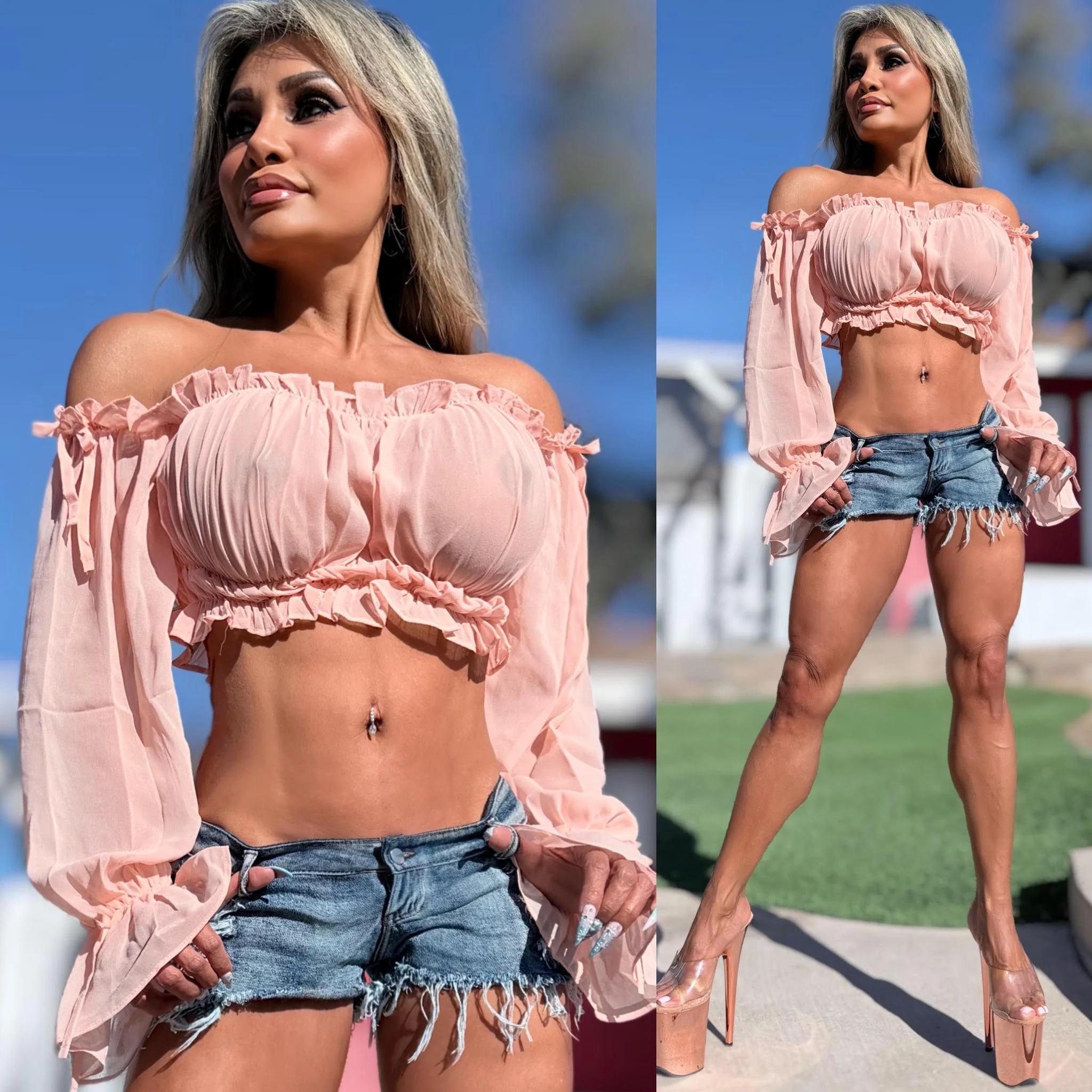 Connie's EXCLUSIVE!!! "Semi Sheer Passion Pink LONG SLEEVE Crop Top" Soft Semi See thru with Elastic chest to fit a wide range of sizes, Not For the Shy - Image 3
