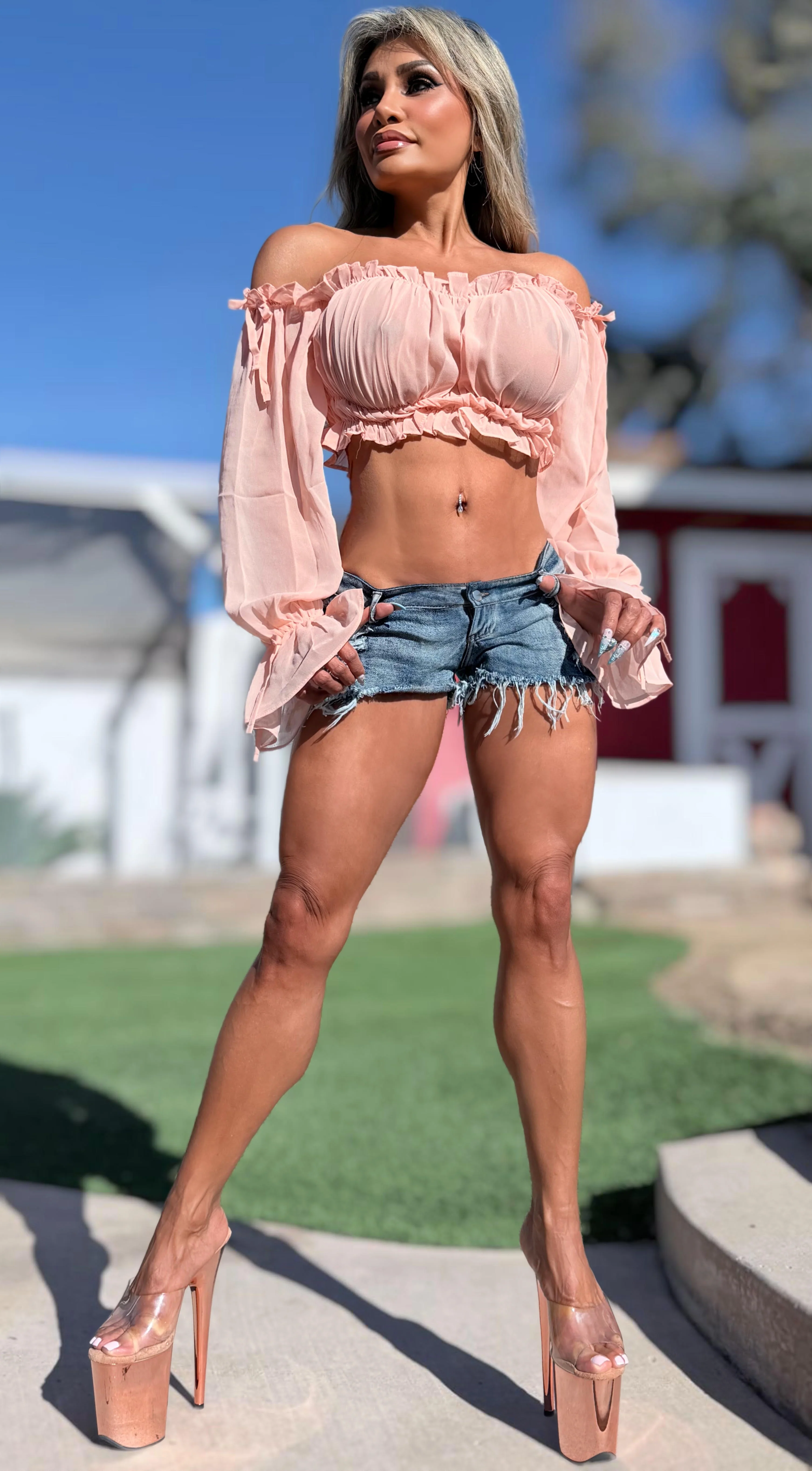 Connie's EXCLUSIVE!!! "Semi Sheer Passion Pink LONG SLEEVE Crop Top" Soft Semi See thru with Elastic chest to fit a wide range of sizes, Not For the Shy - Image 7