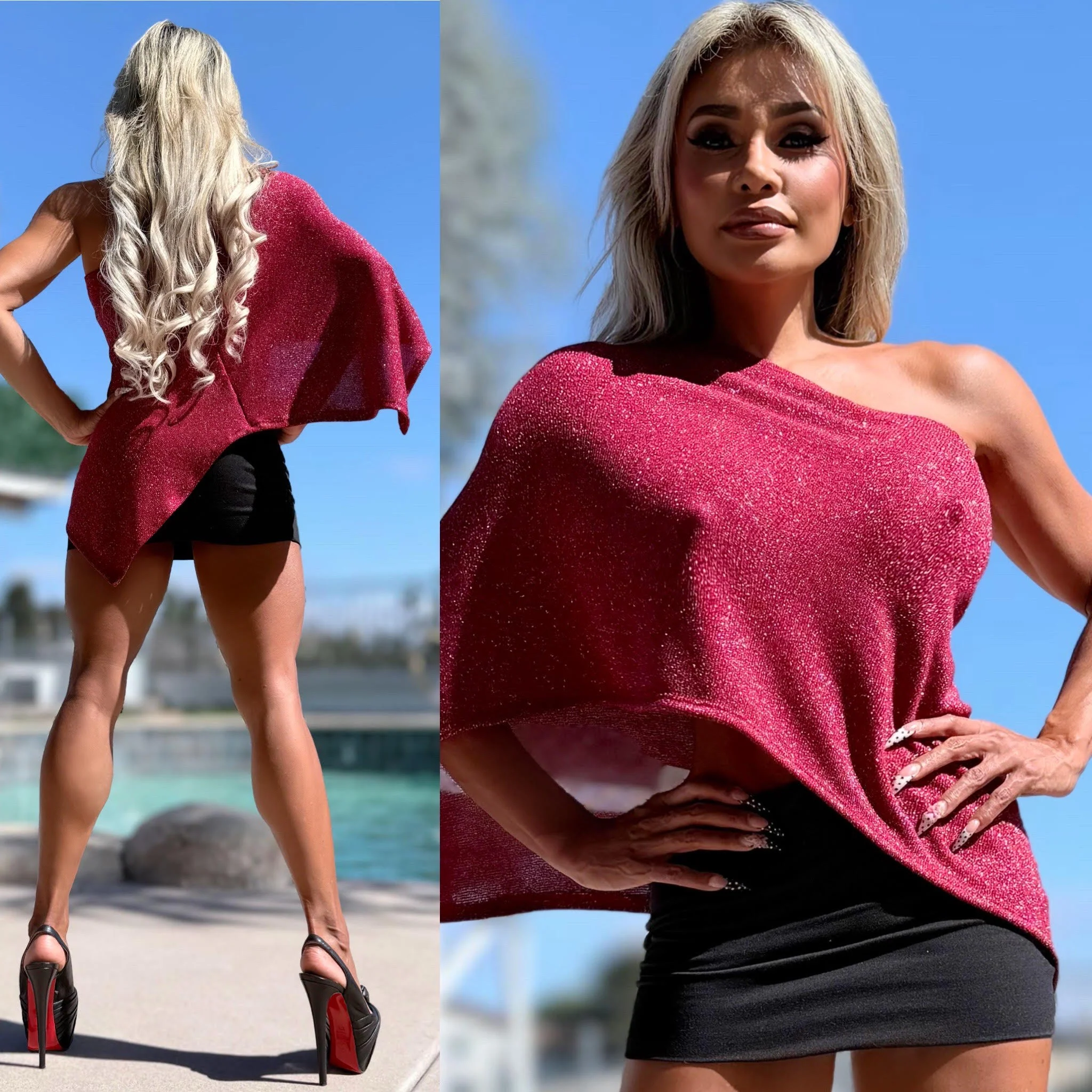 Connie's EXCLUSIVE "SPARKLE RED WESTERN 🤠 Poncho Top" One Shoulder Asymmetrical Sparkle Knit cape top, Made in USA!!! - Image 2