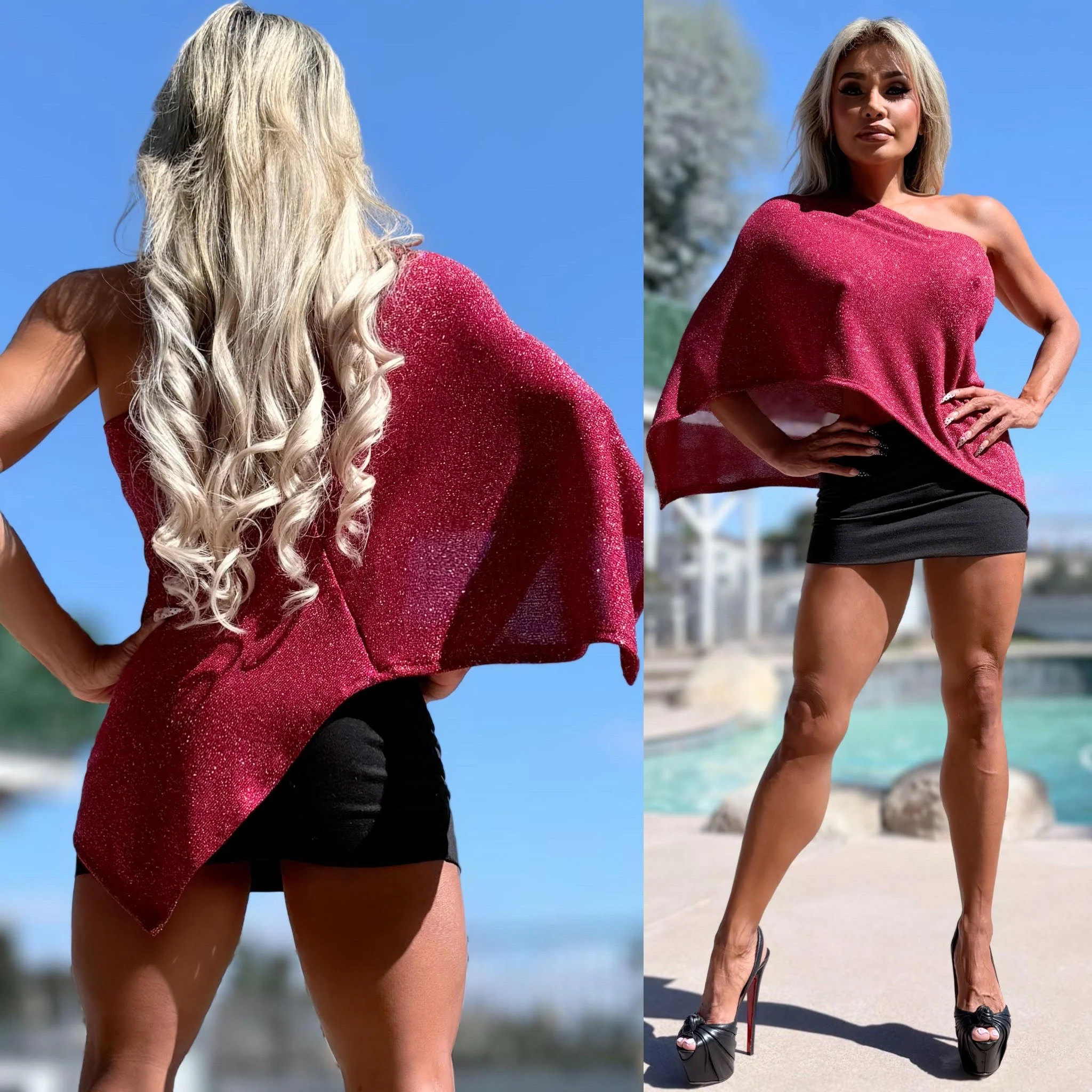 Connie's EXCLUSIVE "SPARKLE RED WESTERN 🤠 Poncho Top" One Shoulder Asymmetrical Sparkle Knit cape top, Made in USA!!! - Image 3