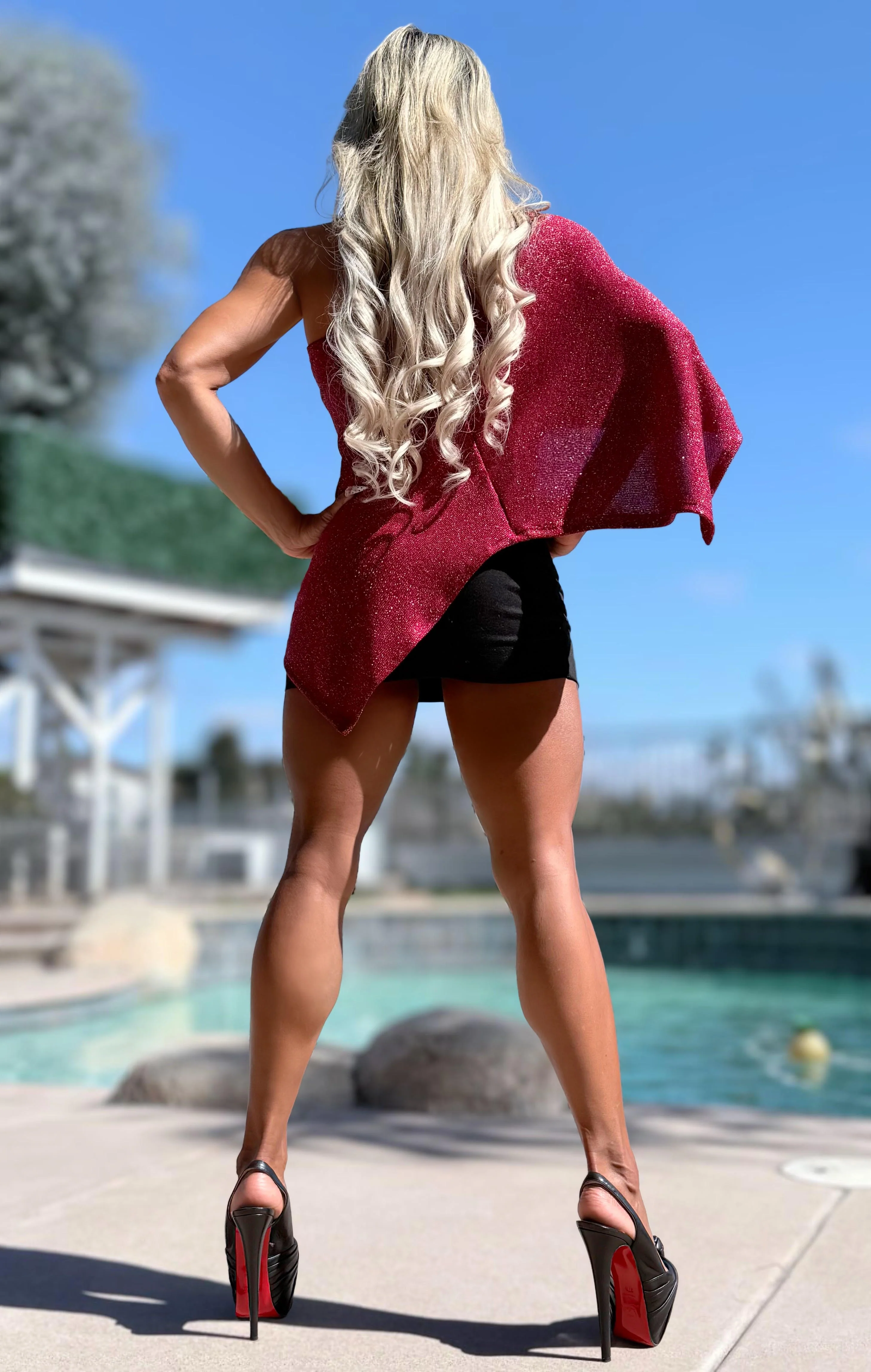 Connie's EXCLUSIVE "SPARKLE RED WESTERN 🤠 Poncho Top" One Shoulder Asymmetrical Sparkle Knit cape top, Made in USA!!! - Image 7