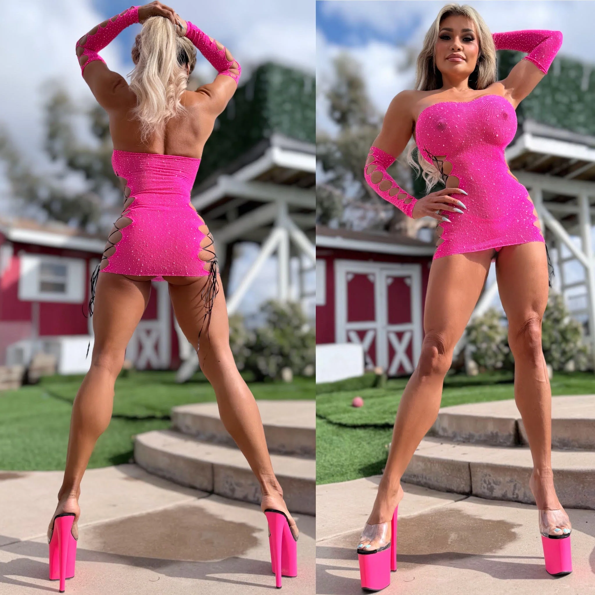 Connie's  Champagne Room 🍾🥂 "PINK SPARKLE MINI" Lace Up Sides and Arm Bands 2 Pc Mesh Lingerie set❤️ - Image 2