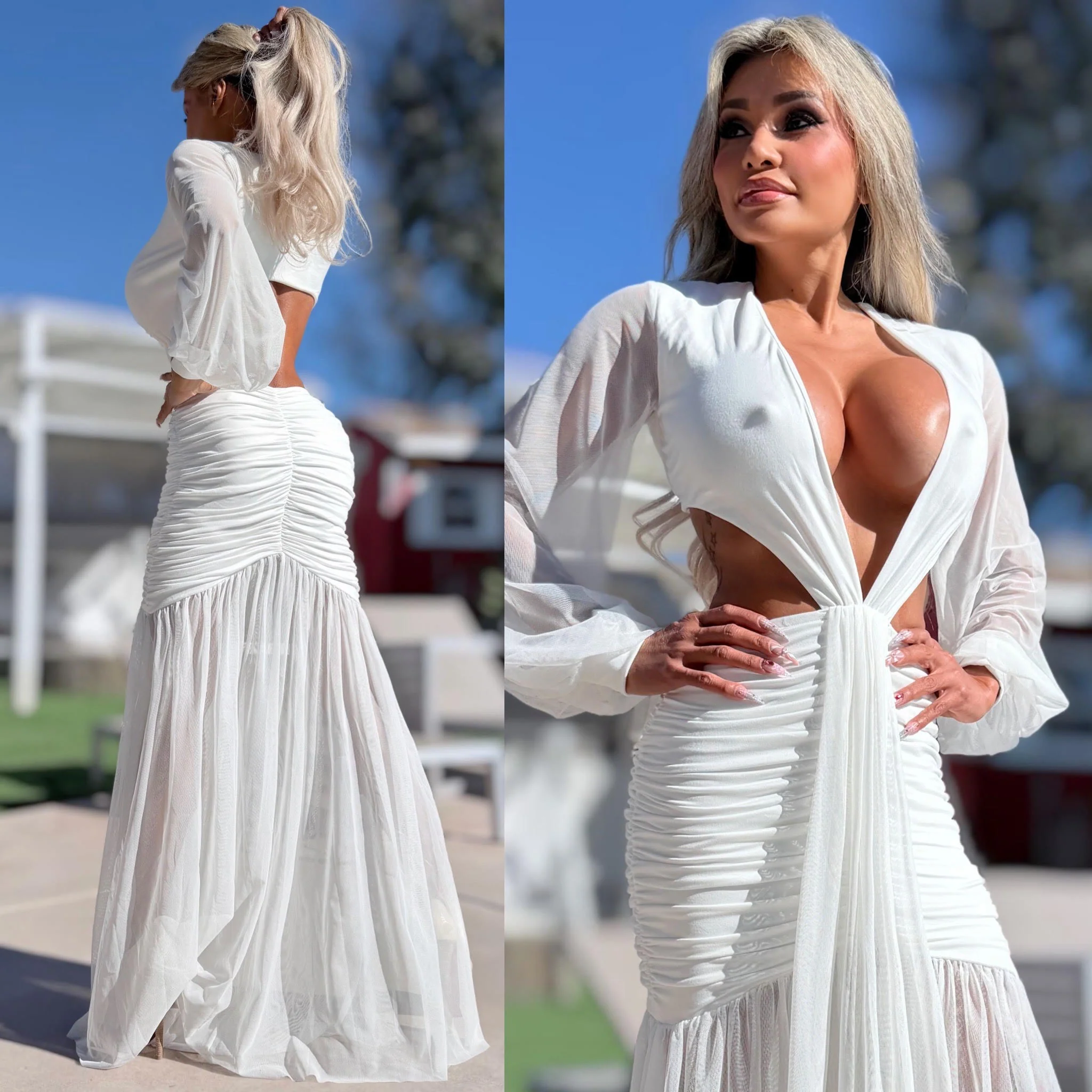 Connie's "PURE WHITE DAISY 🌴 Island Princess Maxi" Stretch Fit, Lined Upper and Lower, See thru Arms and Legs, One Thigh Opening🥂 Made in USA - Image 2