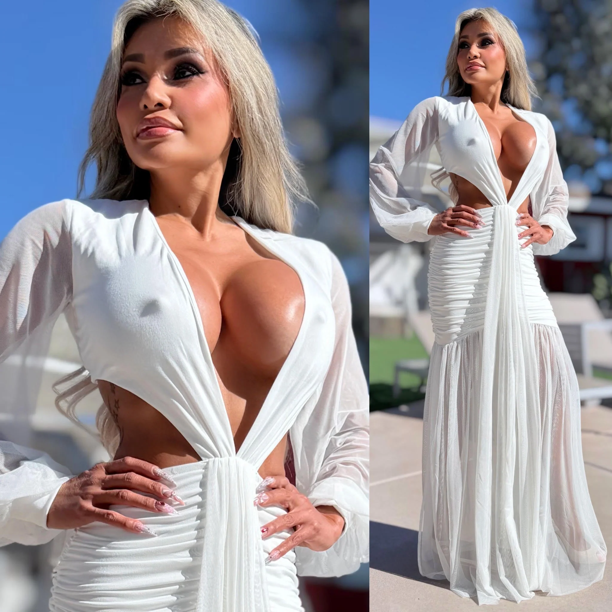 Connie's "PURE WHITE DAISY 🌴 Island Princess Maxi" Stretch Fit, Lined Upper and Lower, See thru Arms and Legs, One Thigh Opening🥂 Made in USA - Image 4