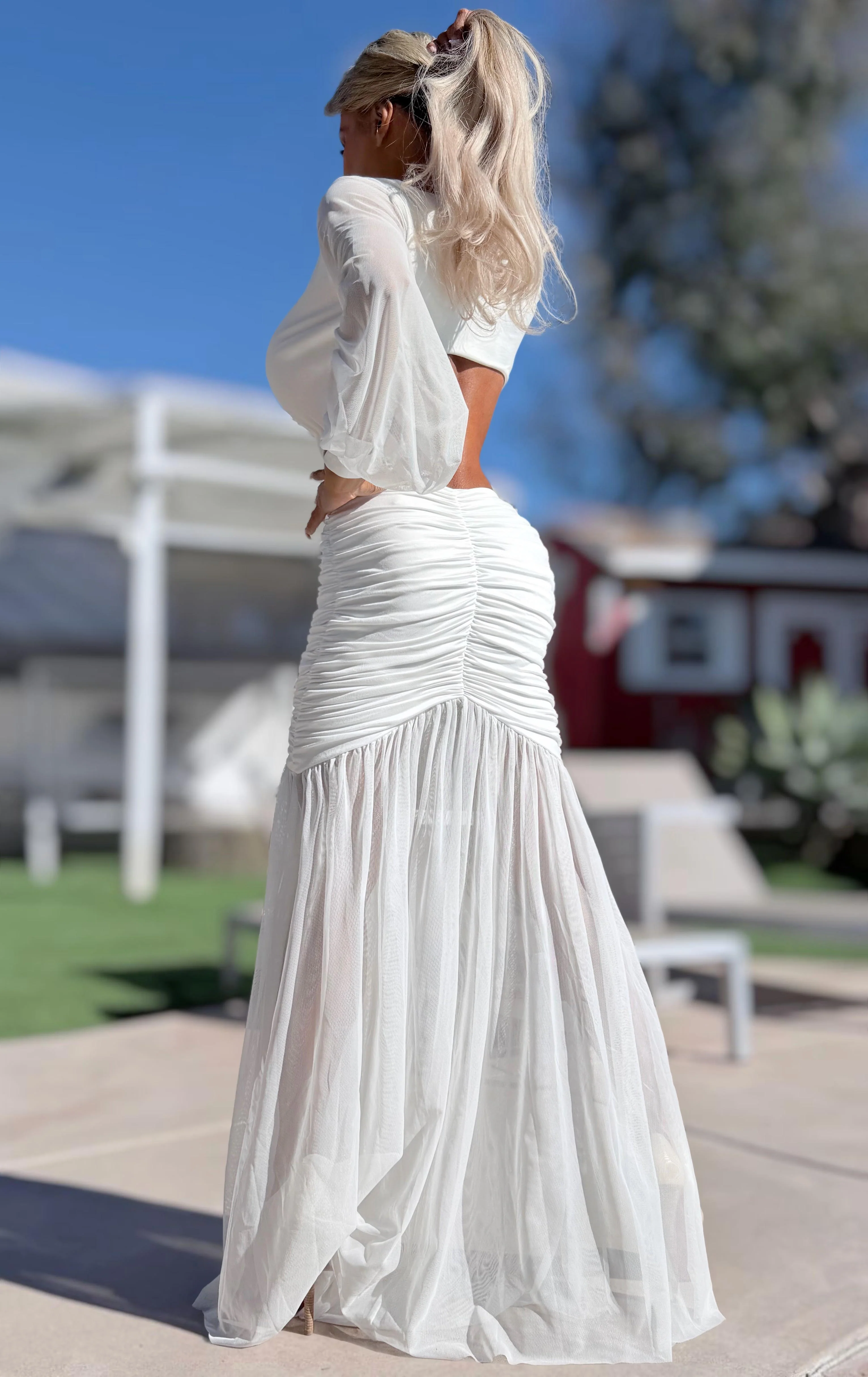 Connie's "PURE WHITE DAISY 🌴 Island Princess Maxi" Stretch Fit, Lined Upper and Lower, See thru Arms and Legs, One Thigh Opening🥂 Made in USA - Image 8