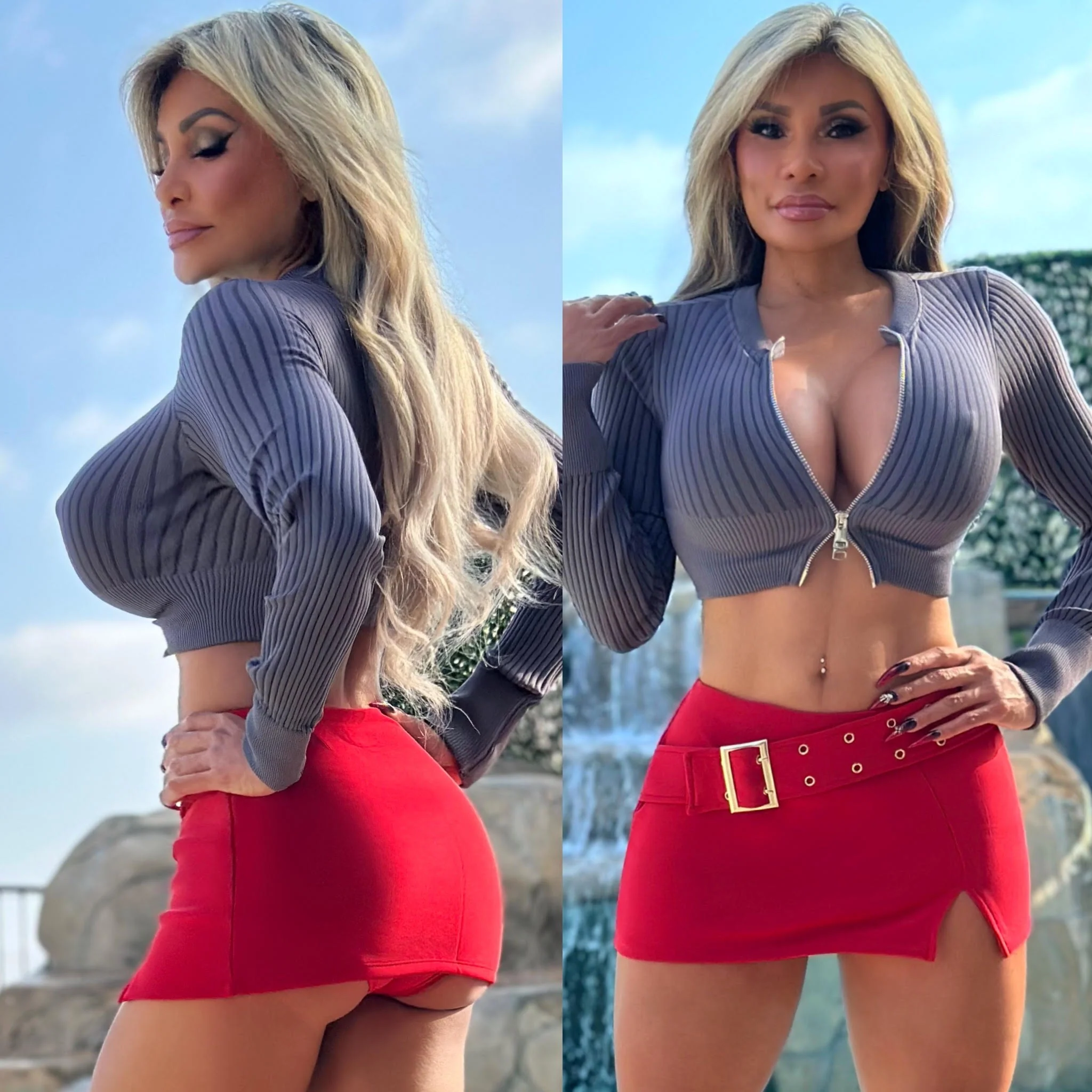 Connie's  "FULL STRETCH Soft Sweater Crop Top" With FULL DOUBLE ZIP Zip front, GRAY KNIT Super Stretch fit - Image 4
