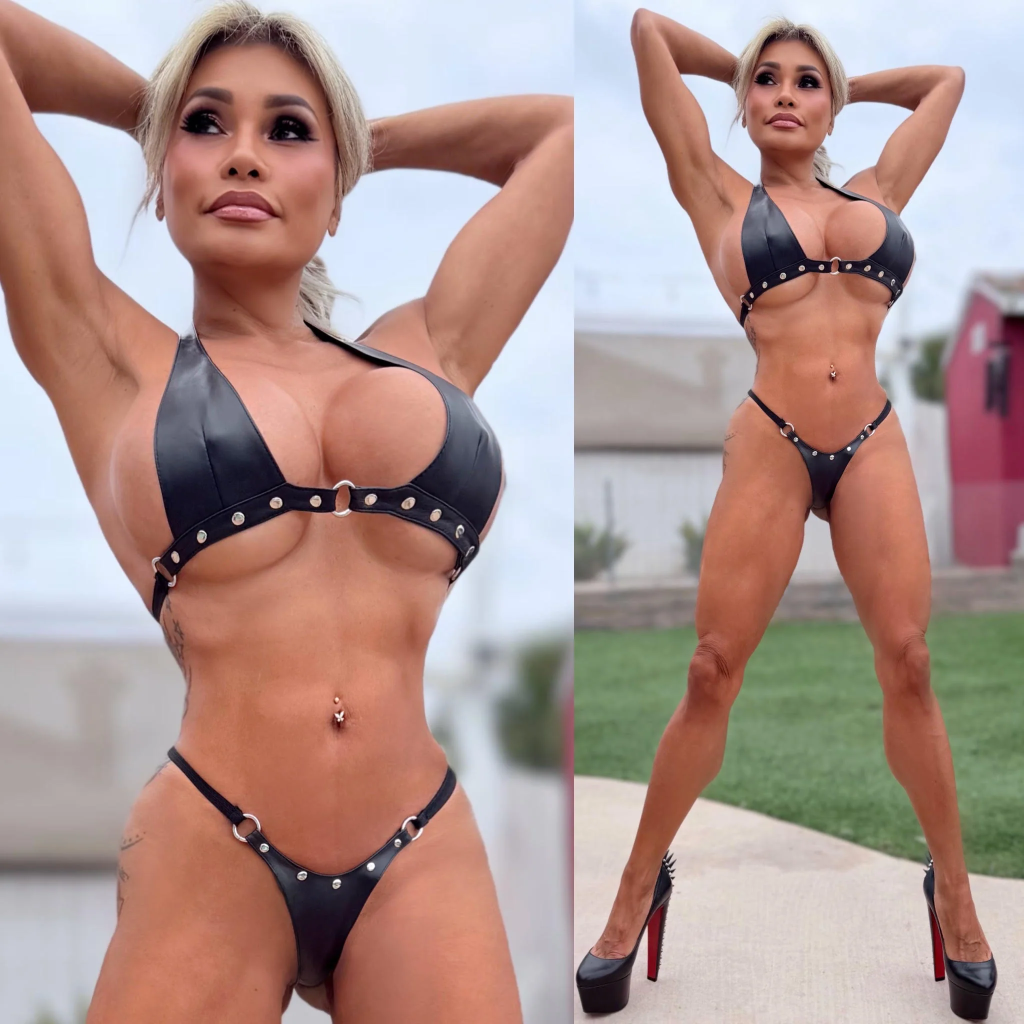 Connie's GENUINE SOFT LEATHER "SILVER RIVET BLACK BIKINI DOMINATRIX SET" ADJUSTABLE HALTER TOP and Stretch Thong Bottom Club & Lingerie SET - Image 3