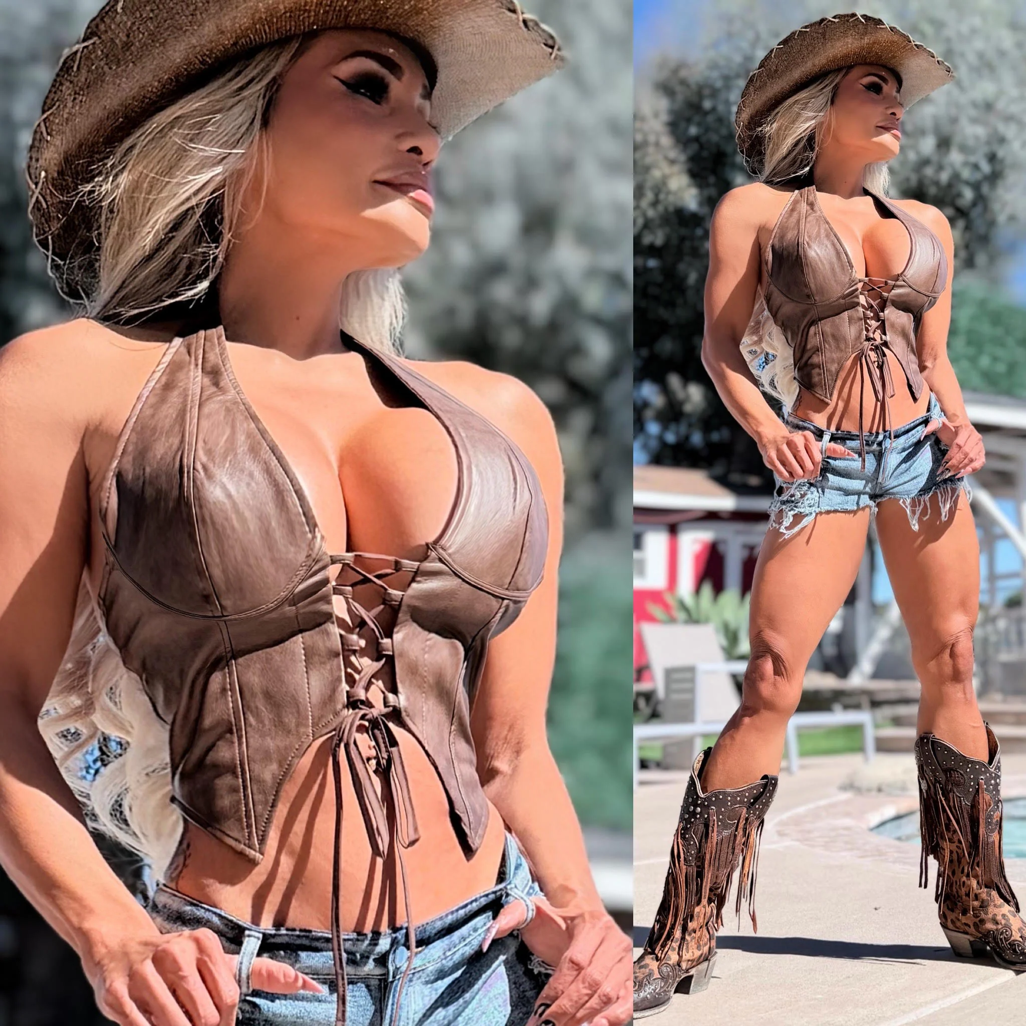 Connie's "RICH RUSTIC DARK BROWN URBAN COWGIRL 🤠 CORSET Halter Top" DISTRESSED VEGAN LEATHER adjustable Corset, LIMITED SUPPLY - Image 5