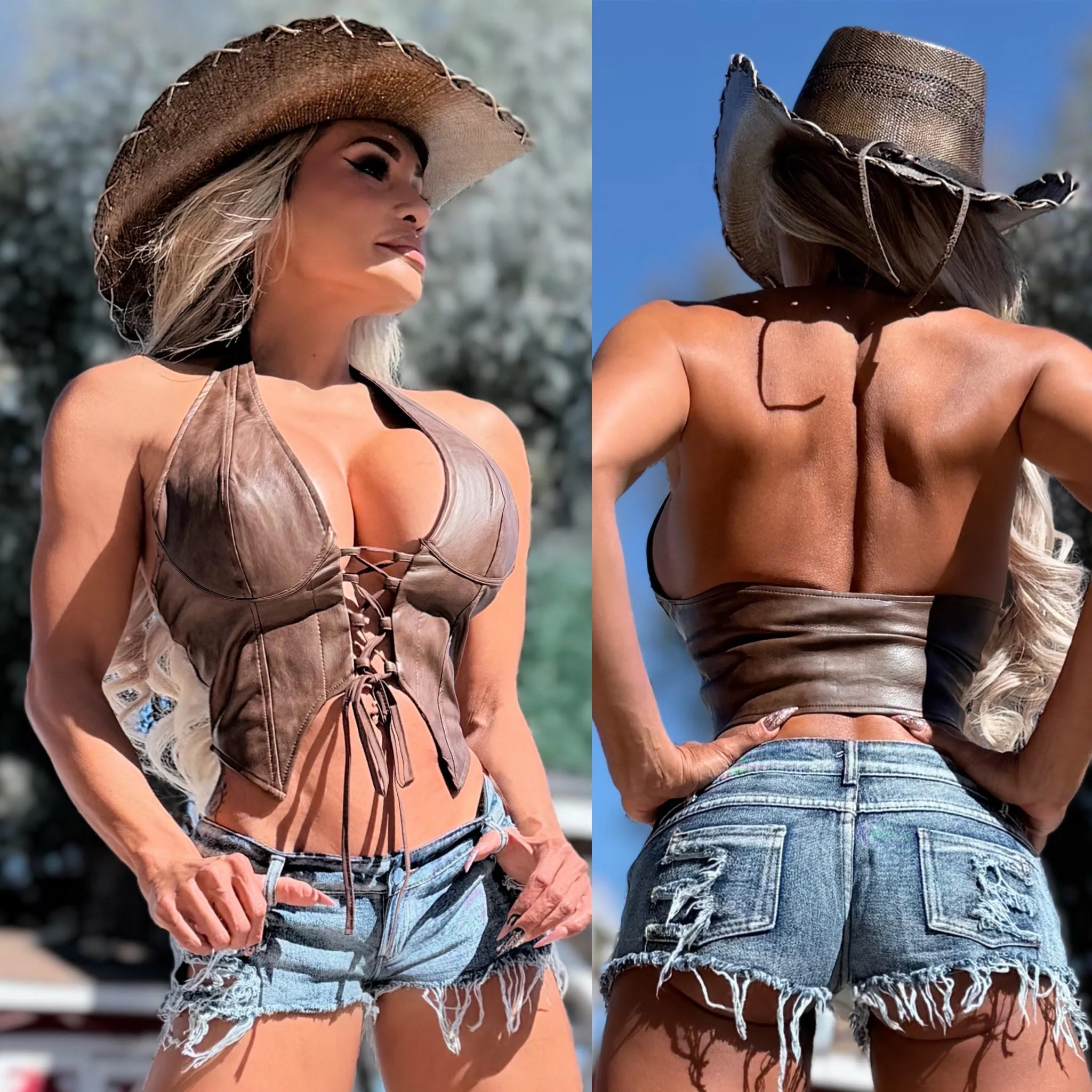 Connie's "RICH RUSTIC DARK BROWN URBAN COWGIRL 🤠 CORSET Halter Top" DISTRESSED VEGAN LEATHER adjustable Corset, LIMITED SUPPLY - Image 6