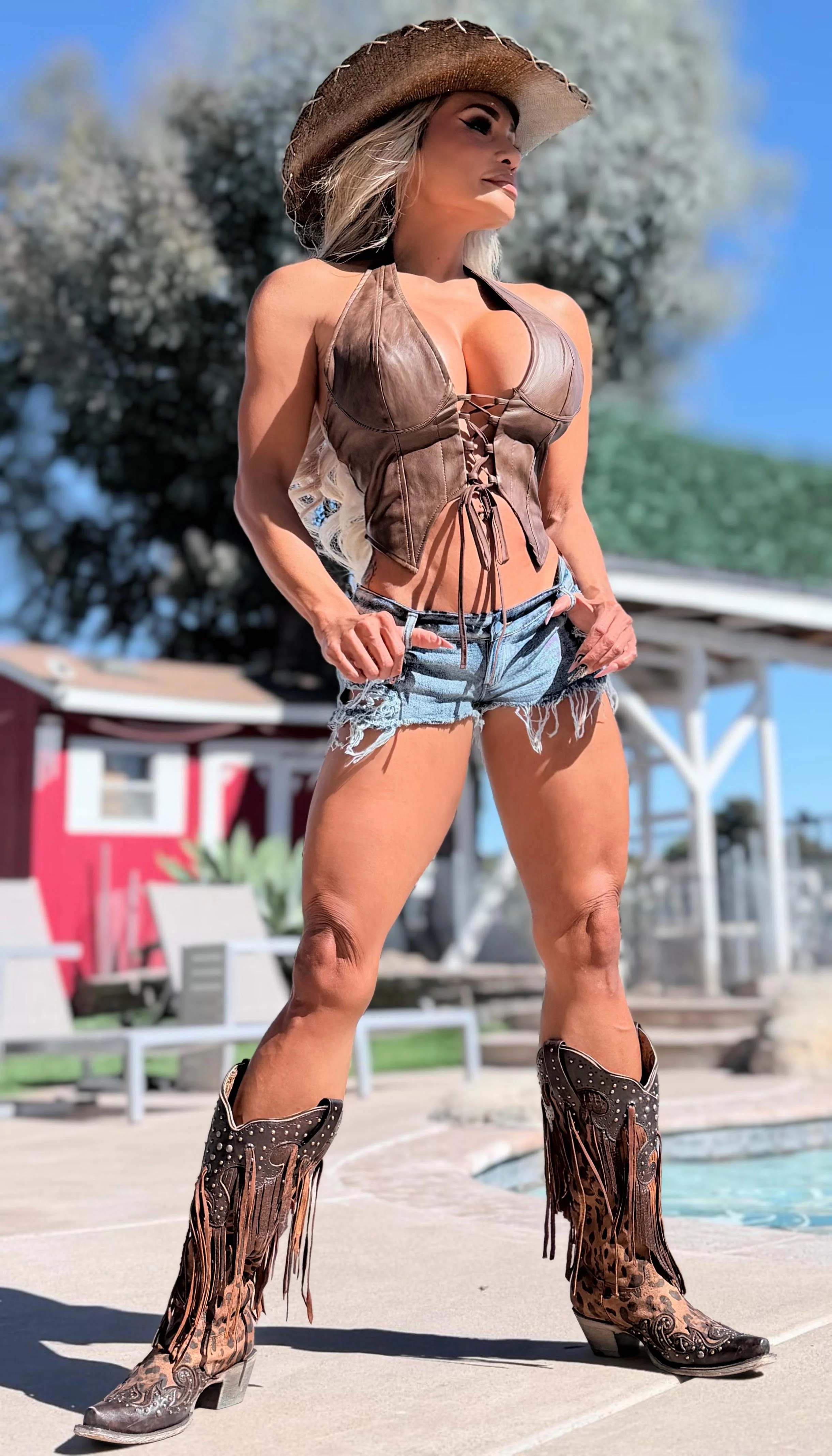Connie's "RICH RUSTIC DARK BROWN URBAN COWGIRL 🤠 CORSET Halter Top" DISTRESSED VEGAN LEATHER adjustable Corset, LIMITED SUPPLY - Image 7