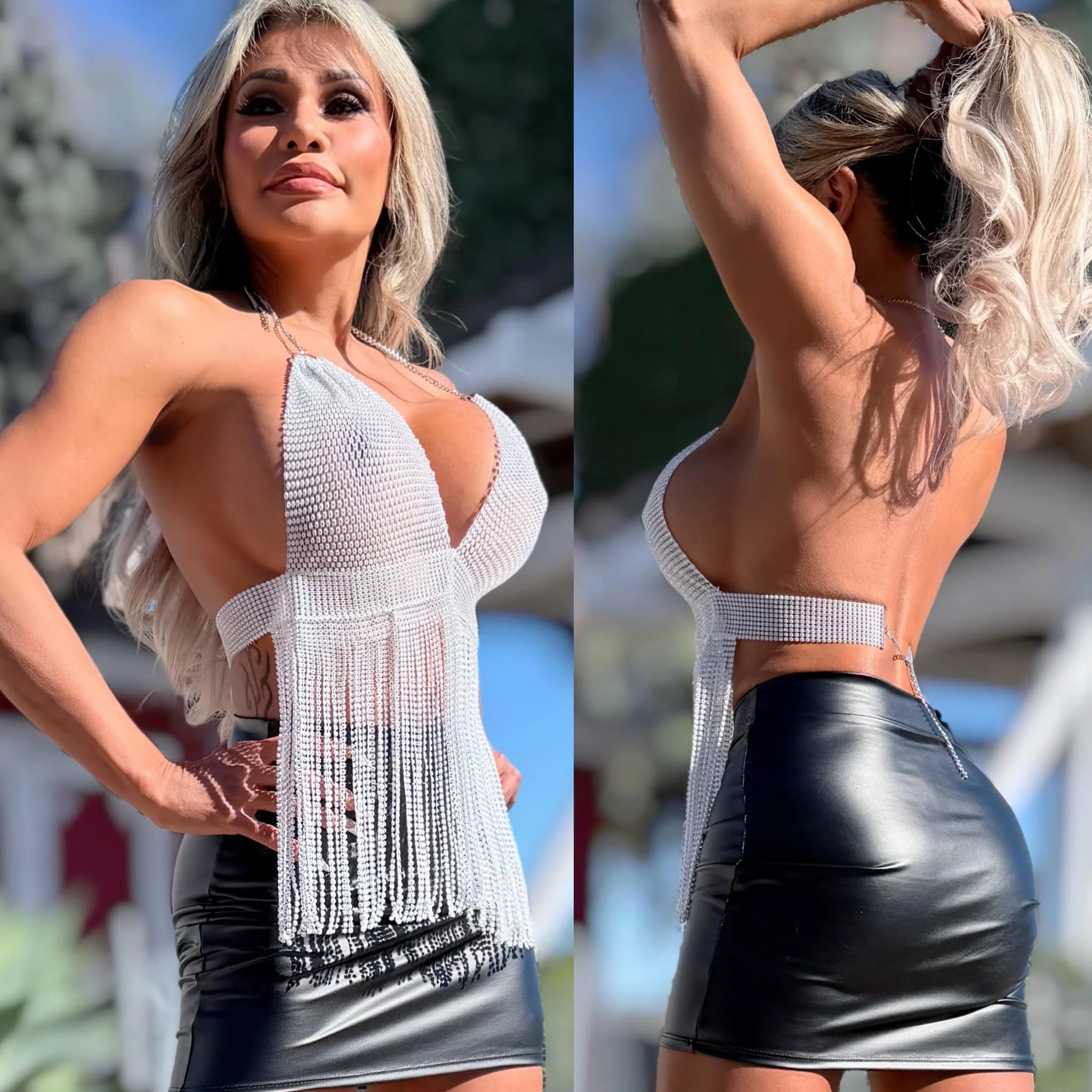 Connie's "RICH & SCANDALOUS TWO PACK SET"  BLACK and WHITE 💎🍸💎 RHINESTONE SEMI SEE THRU Halter Tops, Adjustable Back and Neck Top - Image 5