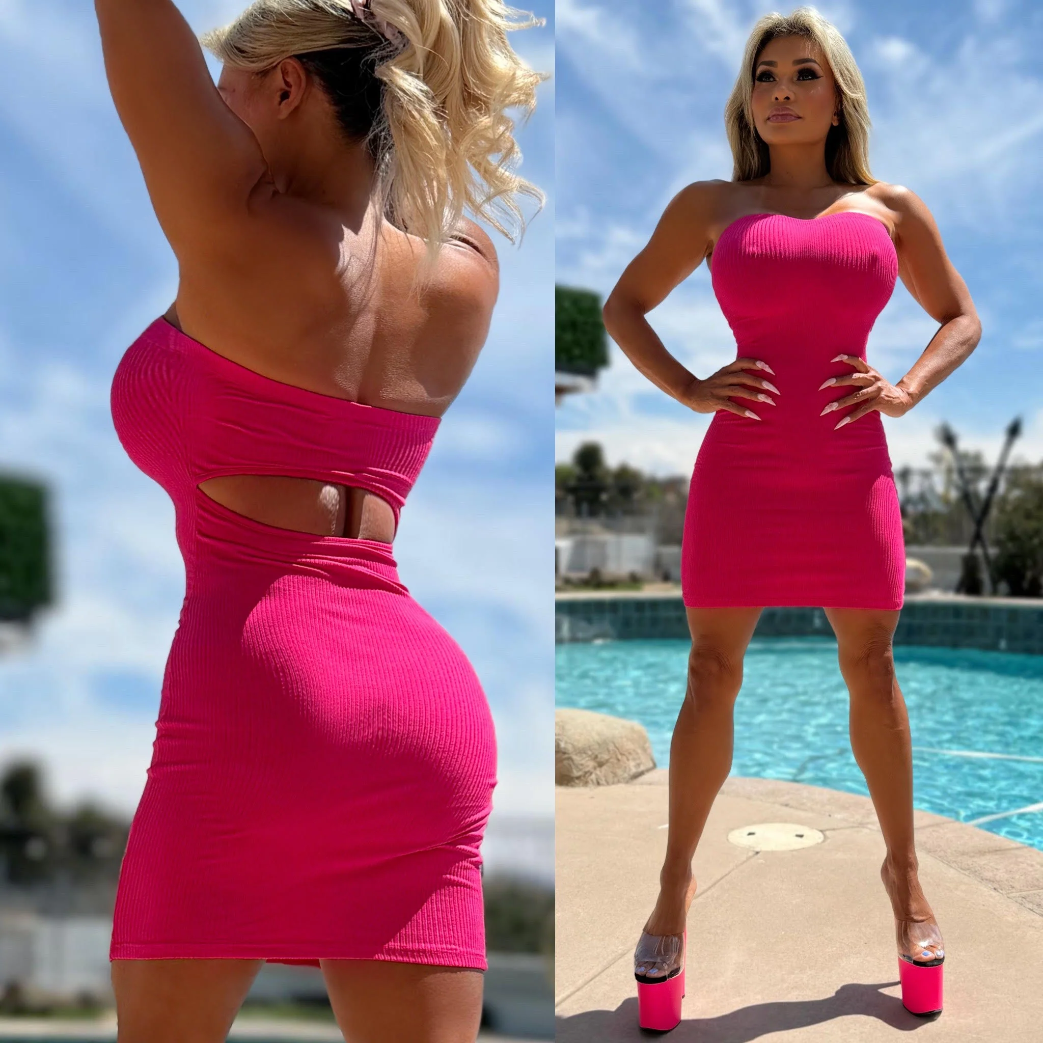 Connie's HOT 🌞 DAYS "HOT PINK STRAPLESS Mini" Unlined Ribbed FULL Stretch Fit, Open Cut Back - Image 6
