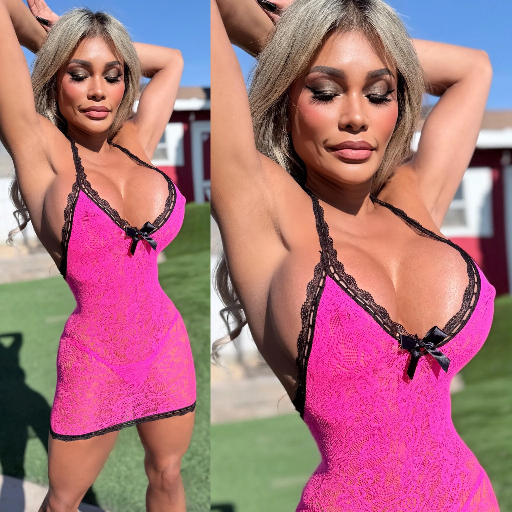 Connie's "Hot PINK $ BLACK ๐ฅ Champagne Room Mini" PINK Stretch See Thru Floral Lace Lingerie Mini Dress with BLACK Lace Trim accents - Image 3