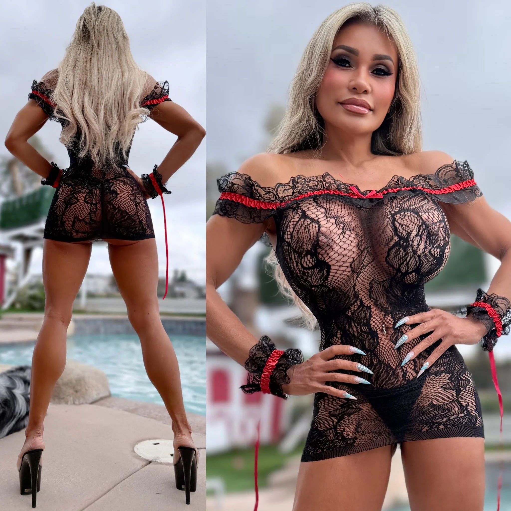 Connie's 3 pc set "BLACK & RED ๐ฅ Champagne Room Mini With Cuffs" Black ๐ค Stretch See Thru Lace Lingerie Mini Dress with Red Trim accents