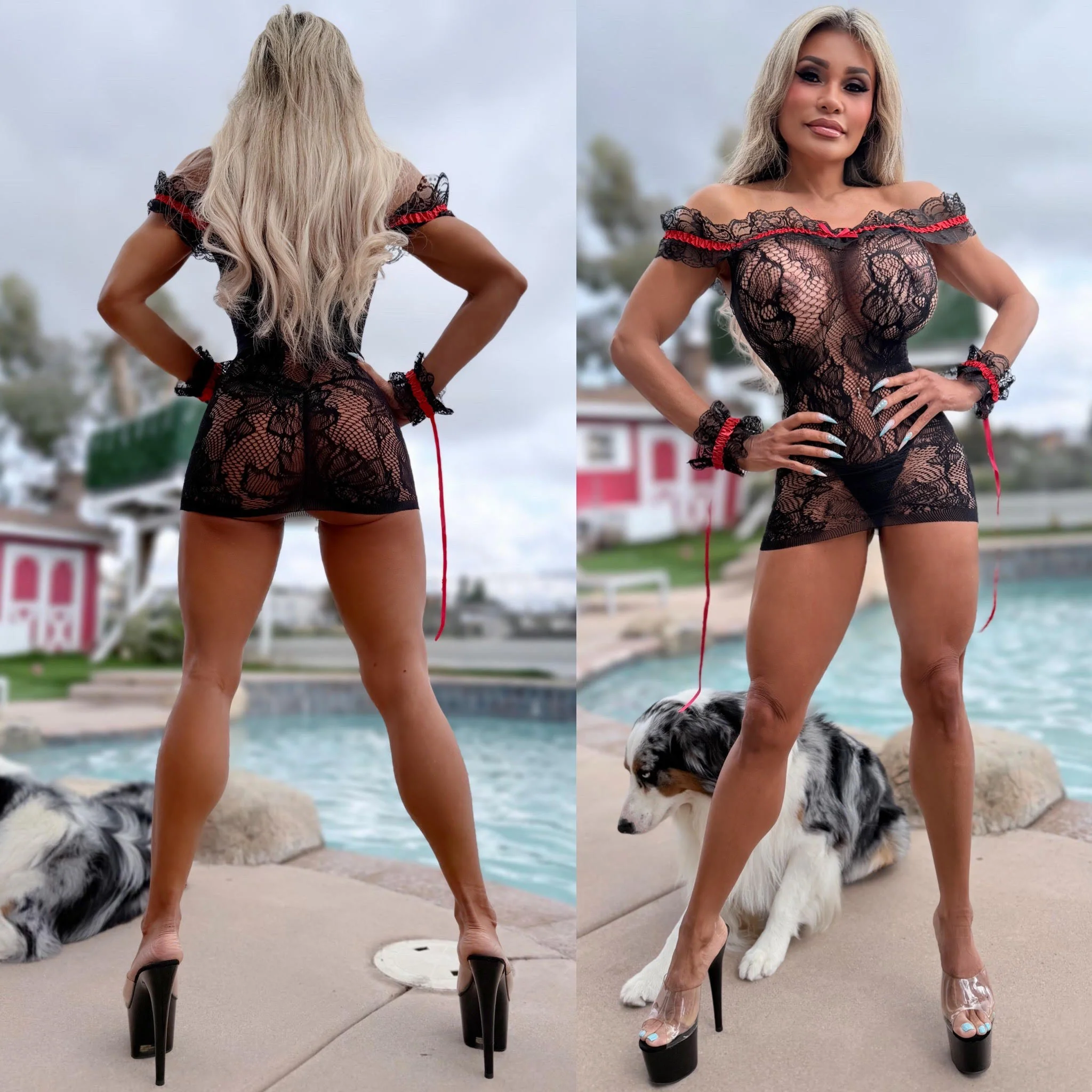 Connie's 3 pc set "BLACK & RED ๐ฅ Champagne Room Mini With Cuffs" Black ๐ค Stretch See Thru Lace Lingerie Mini Dress with Red Trim accents - Image 3