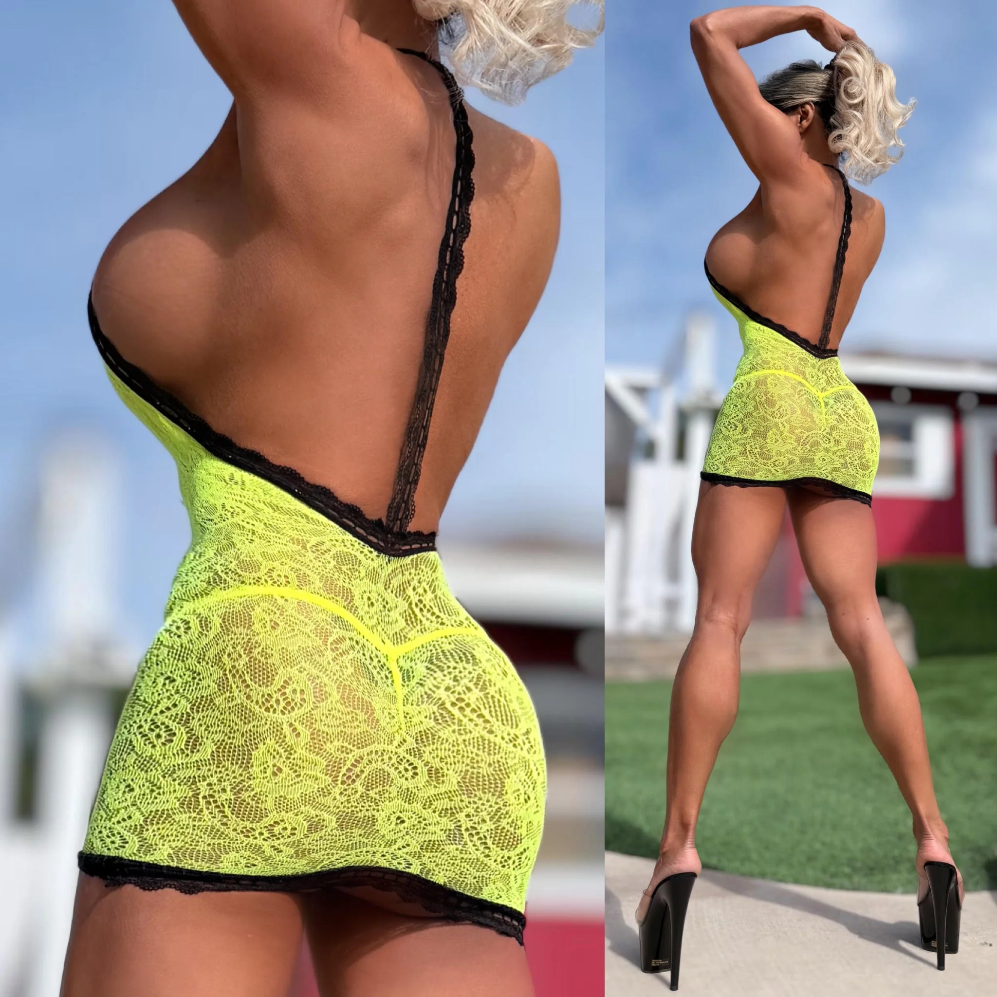 Connie's "NEON $ BLACK ๐ฅ Champagne Room Mini" NEON Stretch See Thru Floral Lace Lingerie Mini Dress with BLACK Lace Trim accents - Image 3