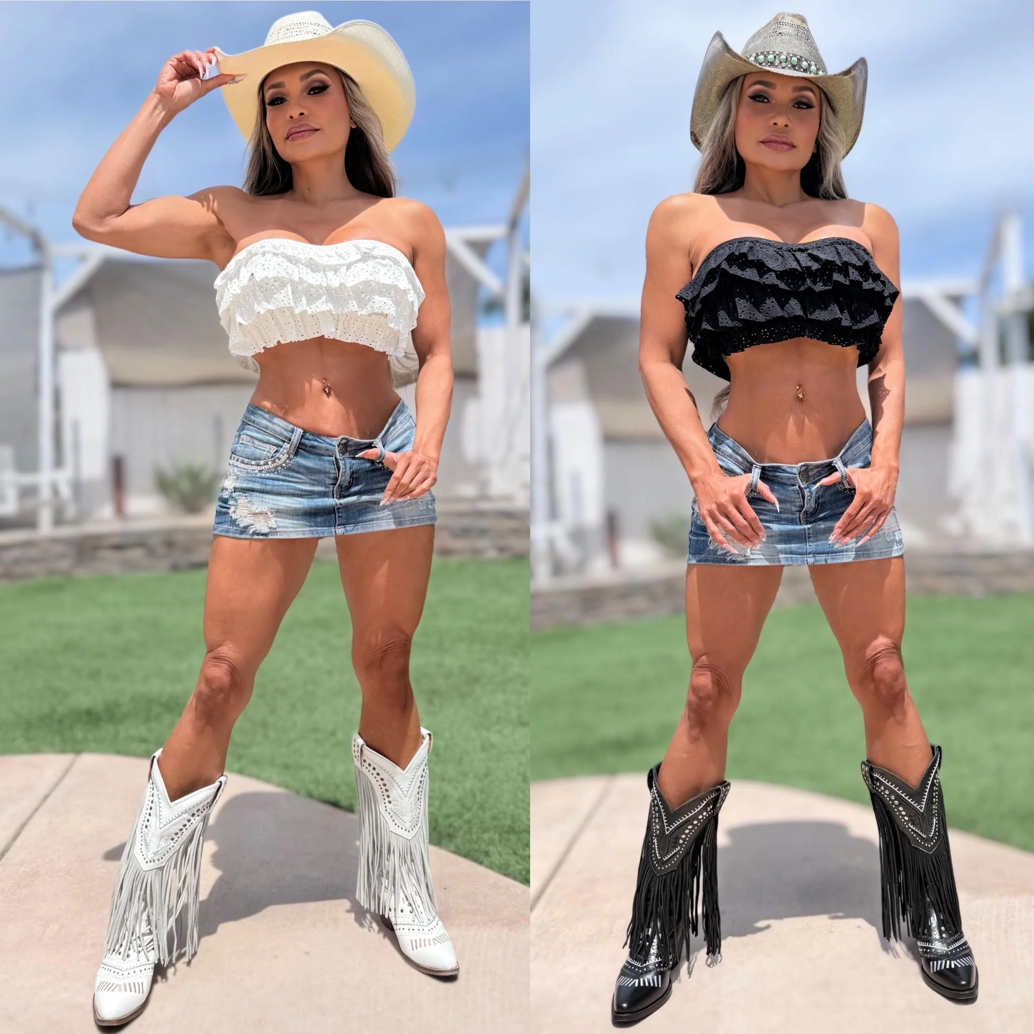 CONNIE's 2 Pack SET "Makes Them Look EVEN BIGGER RUFFLE EYELET Bandeau Top" BLACK and WHITE SOFT STRETCH FIT