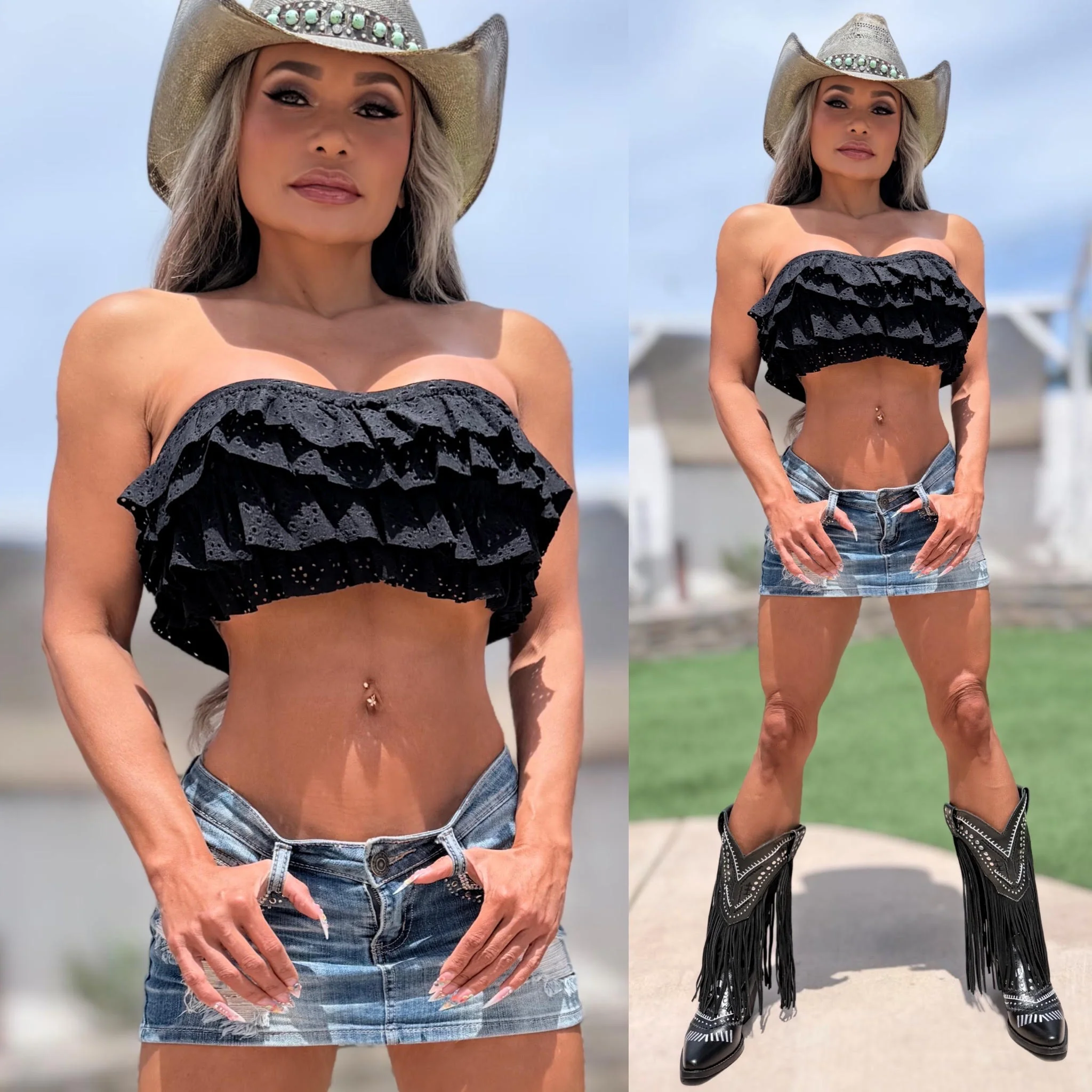CONNIE's 2 Pack SET "Makes Them Look EVEN BIGGER RUFFLE EYELET Bandeau Top" BLACK and WHITE SOFT STRETCH FIT - Image 4