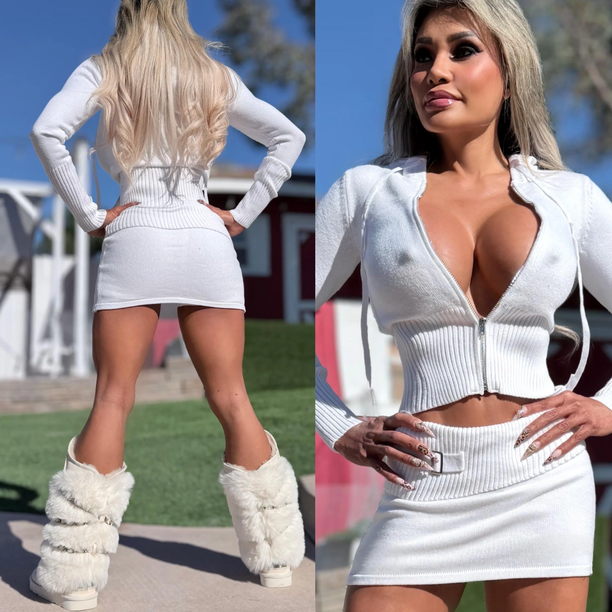 Connie's LIMITED 2 Pc Set "PURE WHITE SNOW ❄️ Sweater Set" STRETCH Crop Top ZIP Hoodie and Fold Over Skirt with Built in Mini Shorts - Image 2