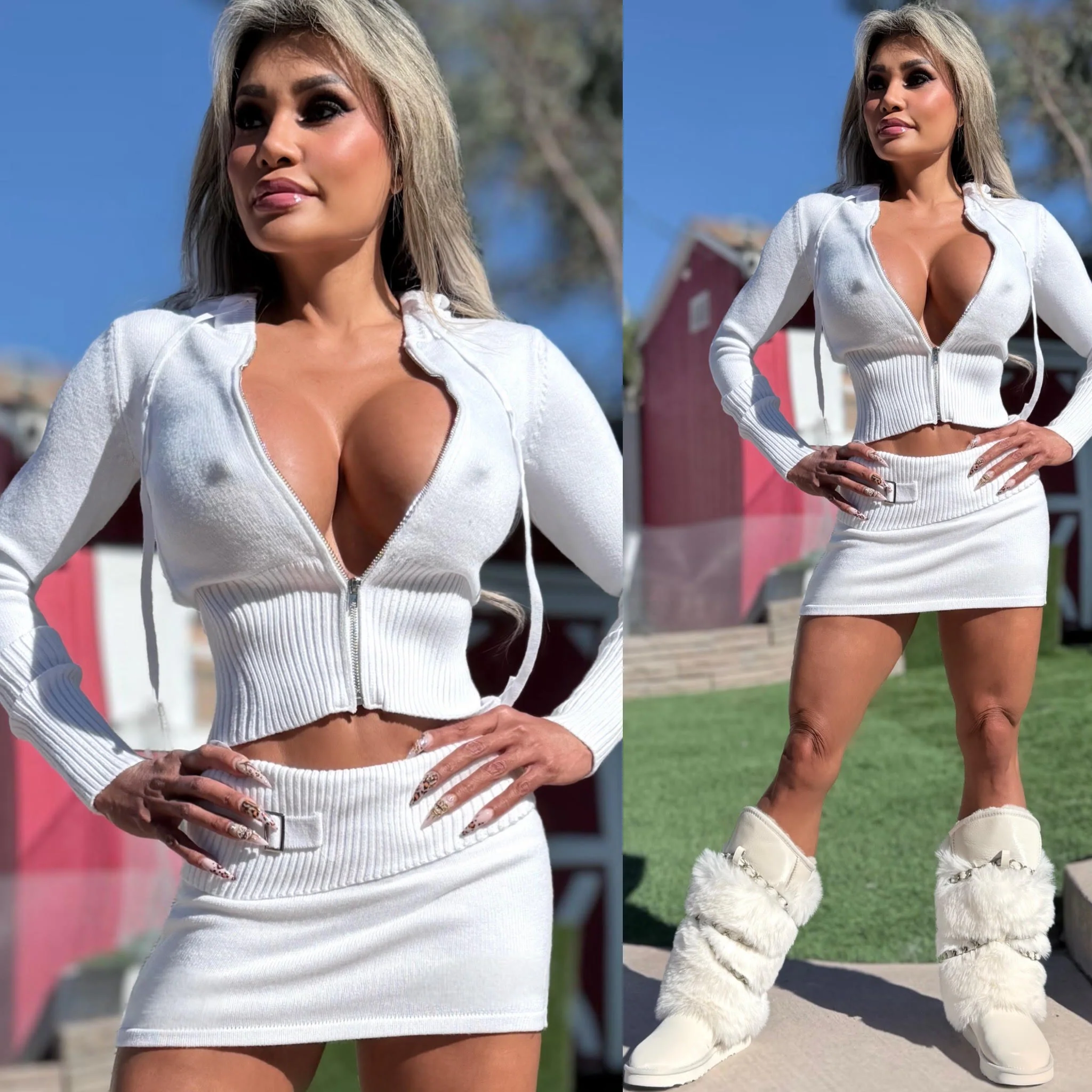 Connie's LIMITED 2 Pc Set "PURE WHITE SNOW ❄️ Sweater Set" STRETCH Crop Top ZIP Hoodie and Fold Over Skirt with Built in Mini Shorts - Image 3