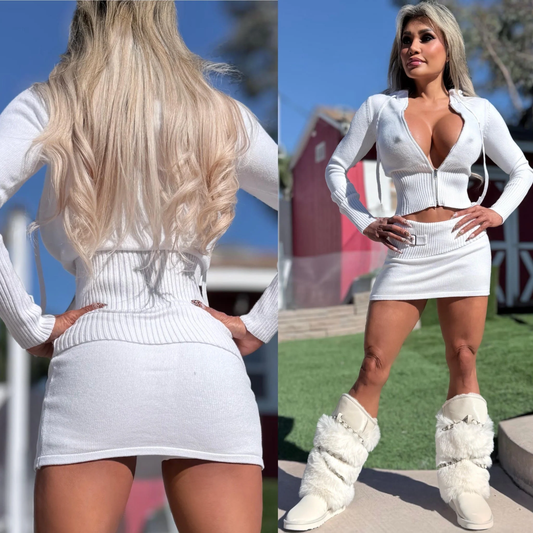 Connie's LIMITED 2 Pc Set "PURE WHITE SNOW ❄️ Sweater Set" STRETCH Crop Top ZIP Hoodie and Fold Over Skirt with Built in Mini Shorts - Image 6