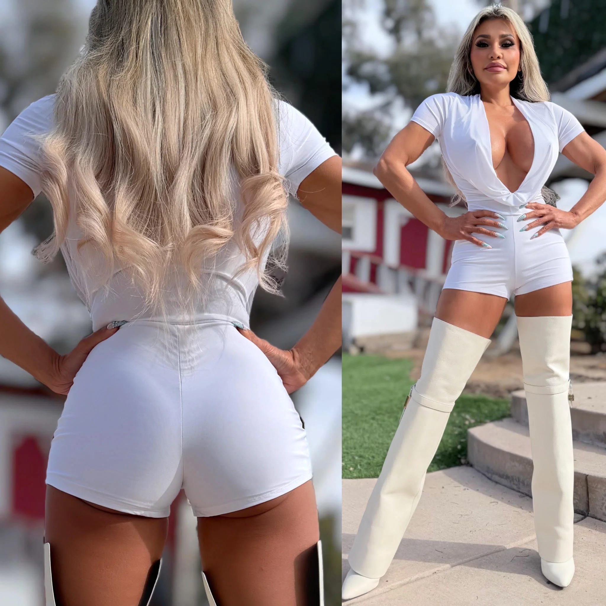 Connie's LIMITED "WHITE CLUB ROMPER 🍸" DEEP COWL PLUNGE with BOOTY PEEP, FULL stretch Fit No Zippers - Image 5