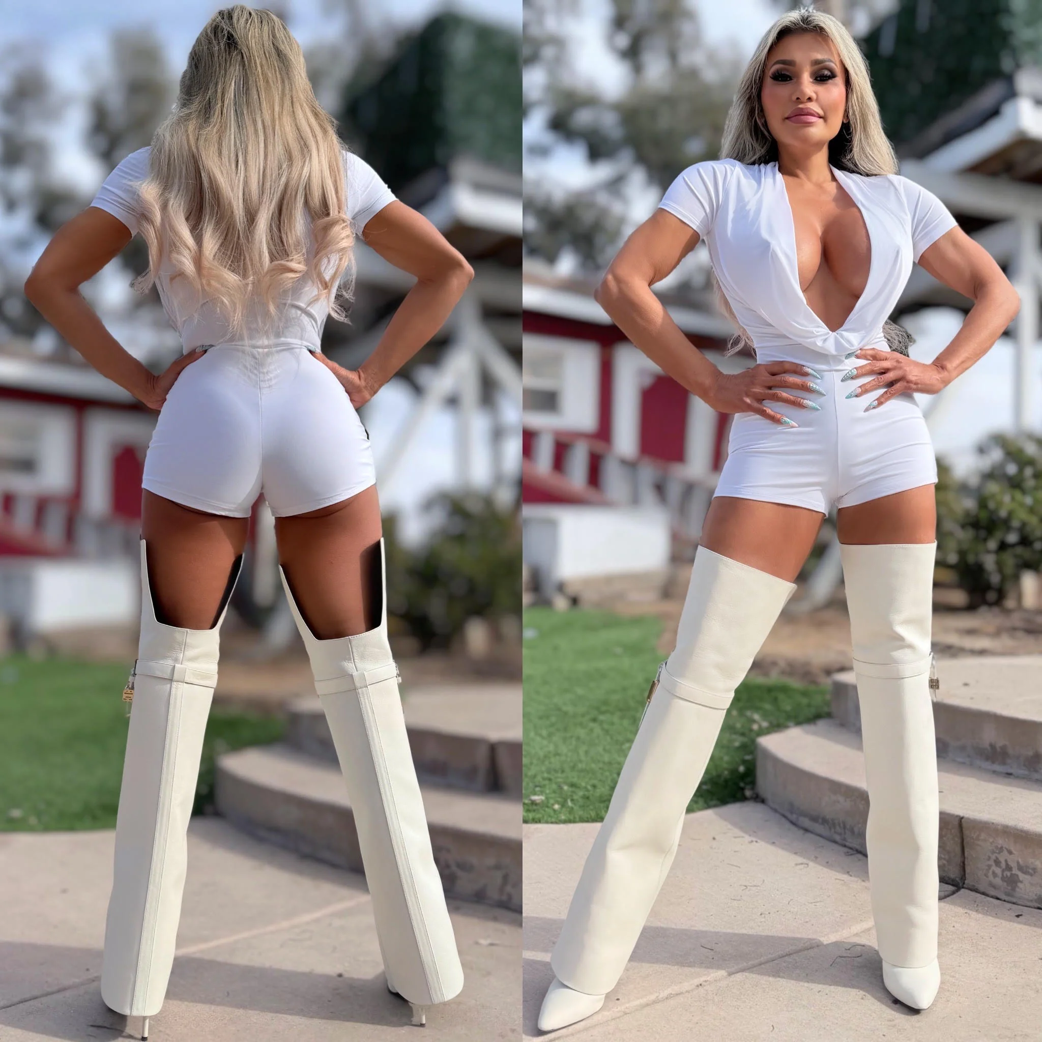 Connie's LIMITED "WHITE CLUB ROMPER 🍸" DEEP COWL PLUNGE with BOOTY PEEP, FULL stretch Fit No Zippers - Image 6