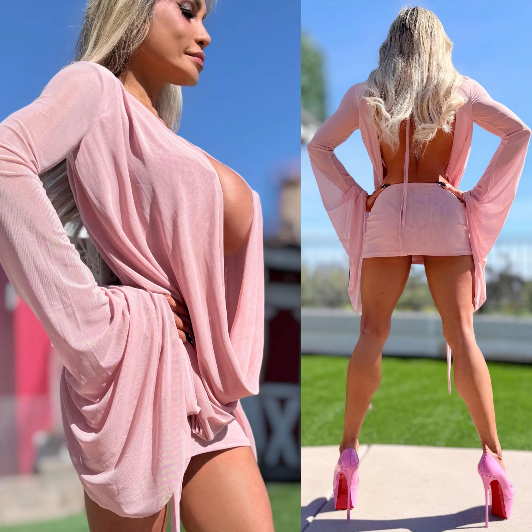 Connie's SUPER SHORT 😈 "RICH & DARING PINK DREAM MESH 🥂🍾  MINI" GIANT COWL Plunge,  Bell Sleeves, Not for the SHY - Image 12