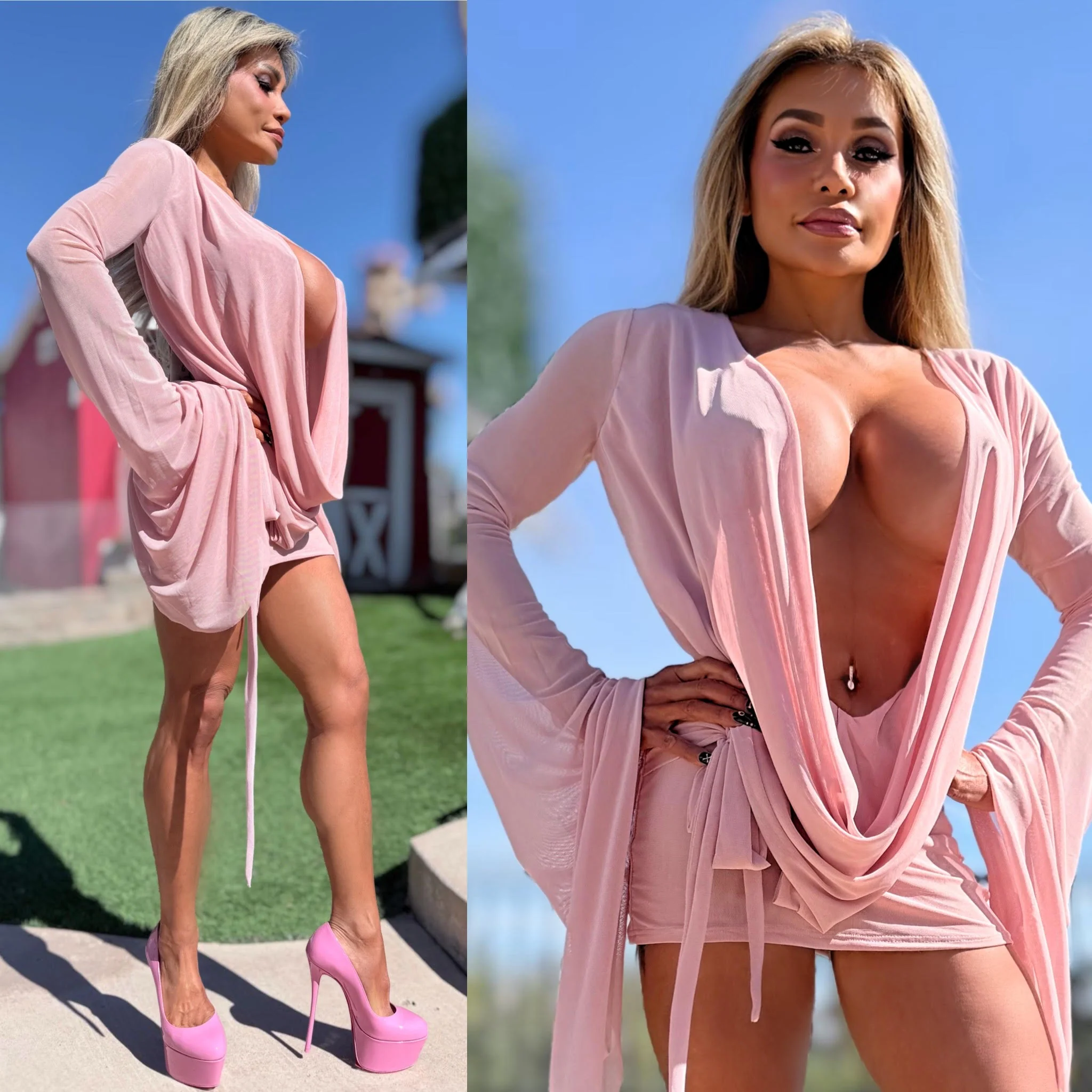 Connie's SUPER SHORT 😈 "RICH & DARING PINK DREAM MESH 🥂🍾  MINI" GIANT COWL Plunge,  Bell Sleeves, Not for the SHY - Image 13