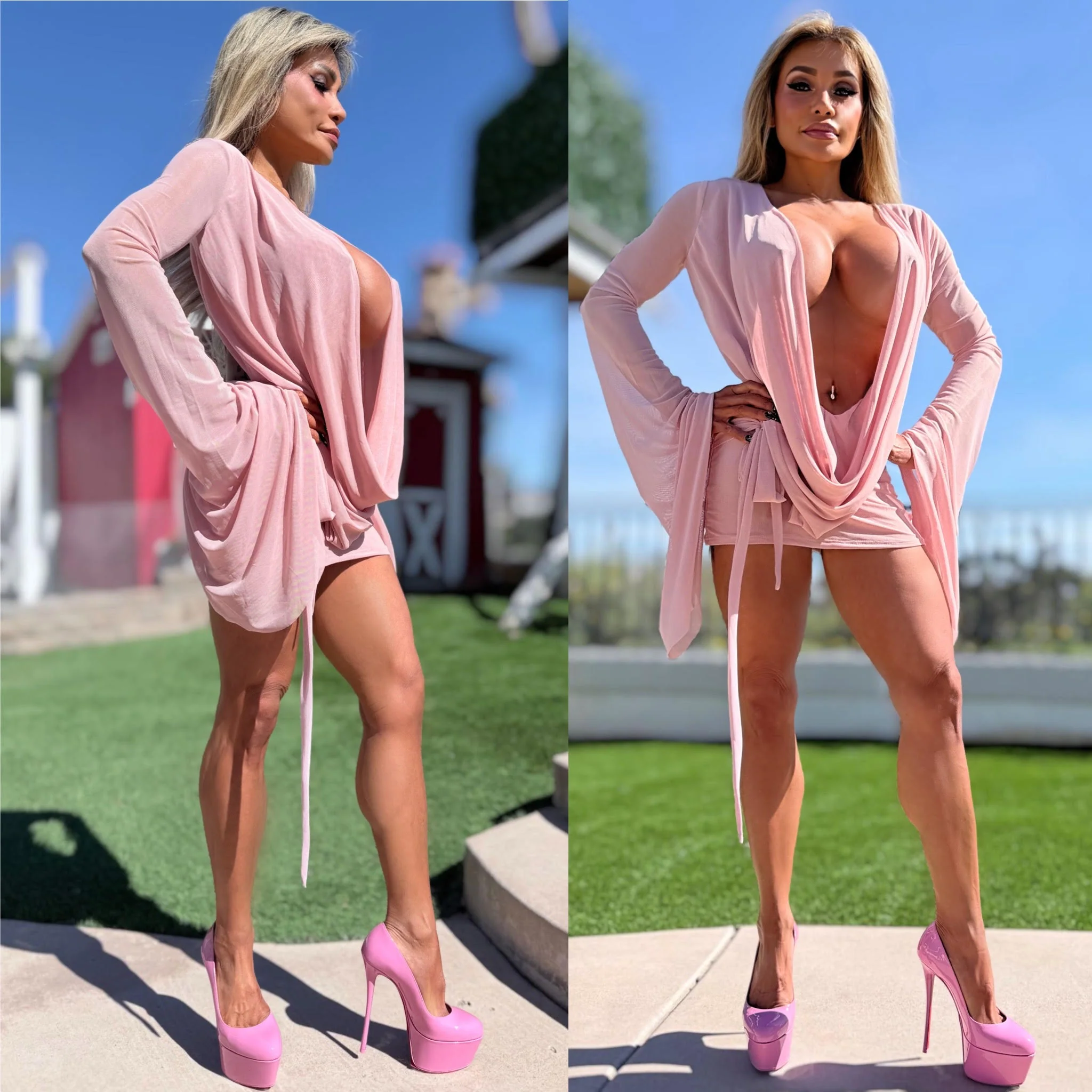 Connie's SUPER SHORT 😈 "RICH & DARING PINK DREAM MESH 🥂🍾  MINI" GIANT COWL Plunge,  Bell Sleeves, Not for the SHY - Image 2