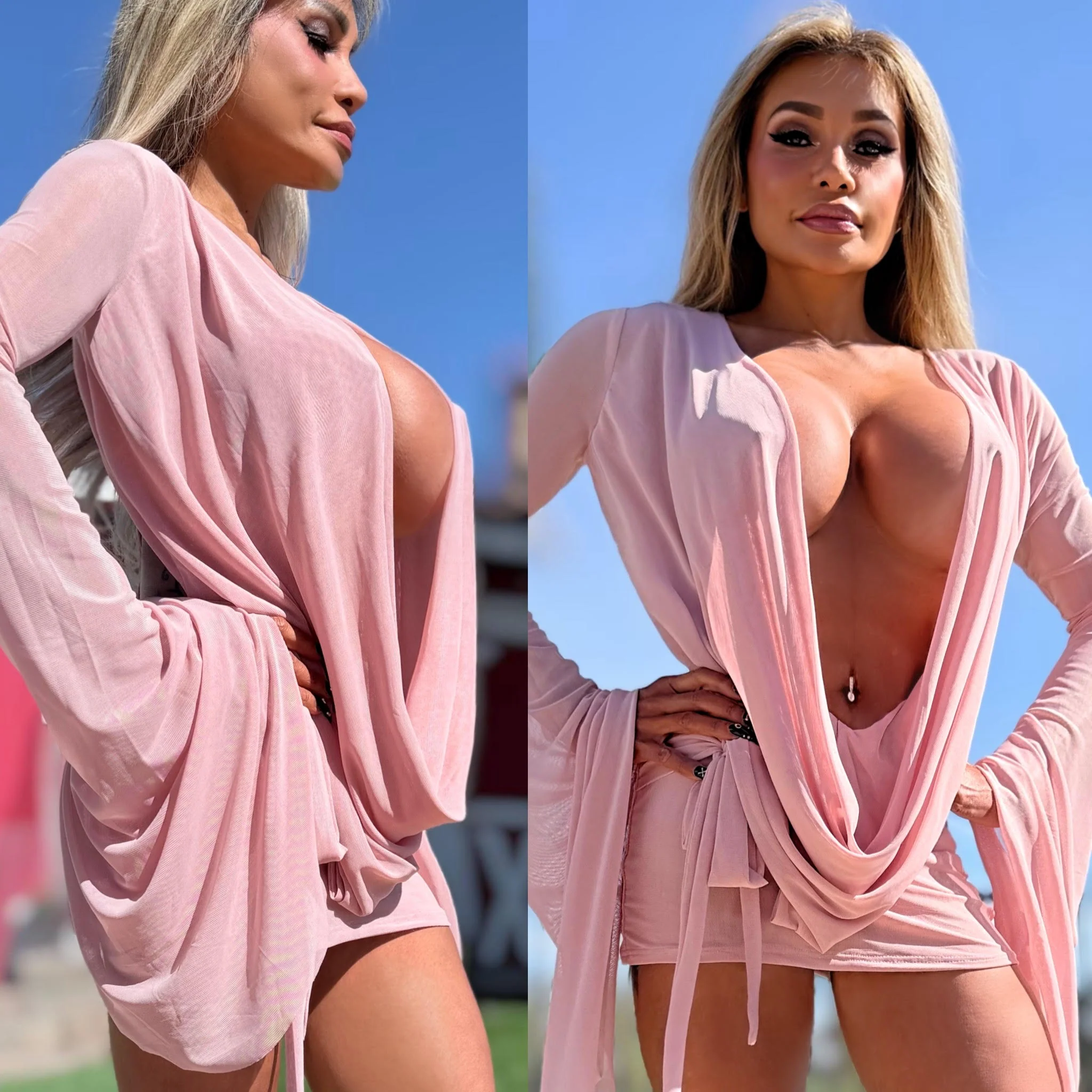 Connie's SUPER SHORT 😈 "RICH & DARING PINK DREAM MESH 🥂🍾  MINI" GIANT COWL Plunge,  Bell Sleeves, Not for the SHY - Image 4