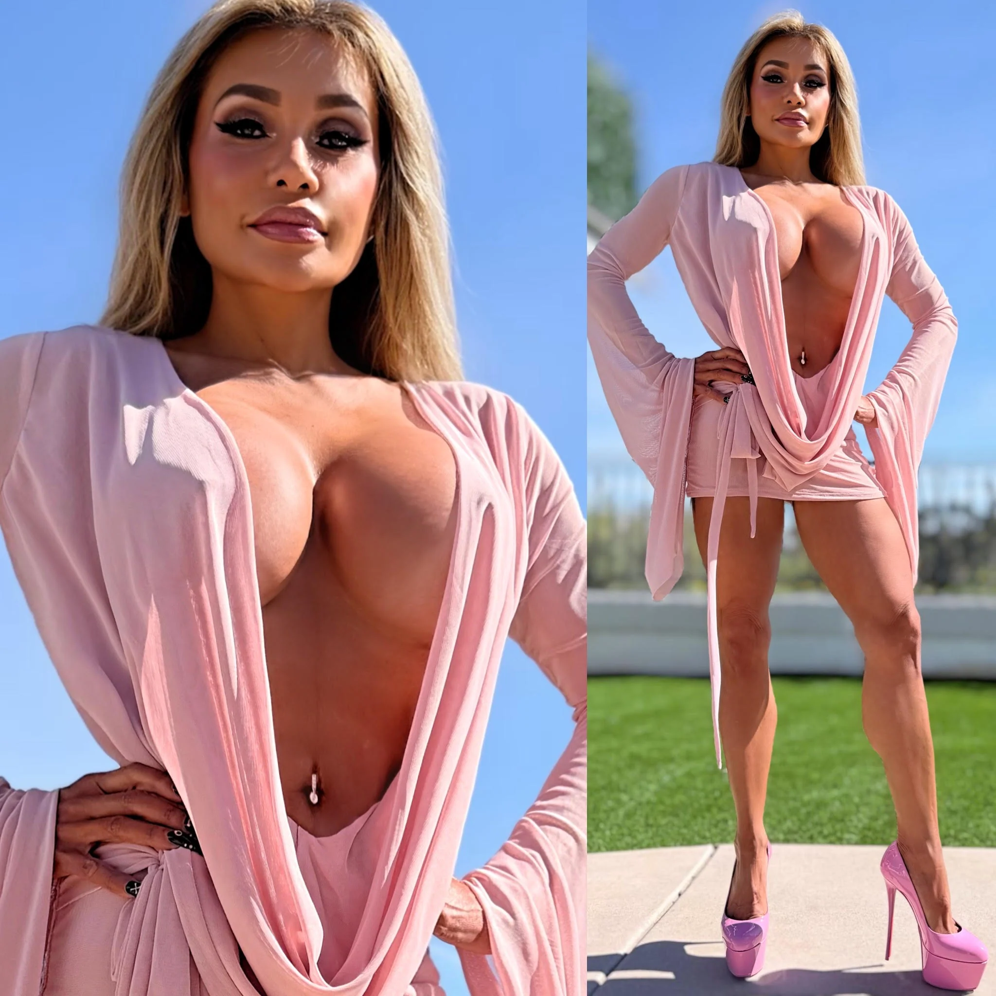 Connie's SUPER SHORT 😈 "RICH & DARING PINK DREAM MESH 🥂🍾  MINI" GIANT COWL Plunge,  Bell Sleeves, Not for the SHY - Image 5