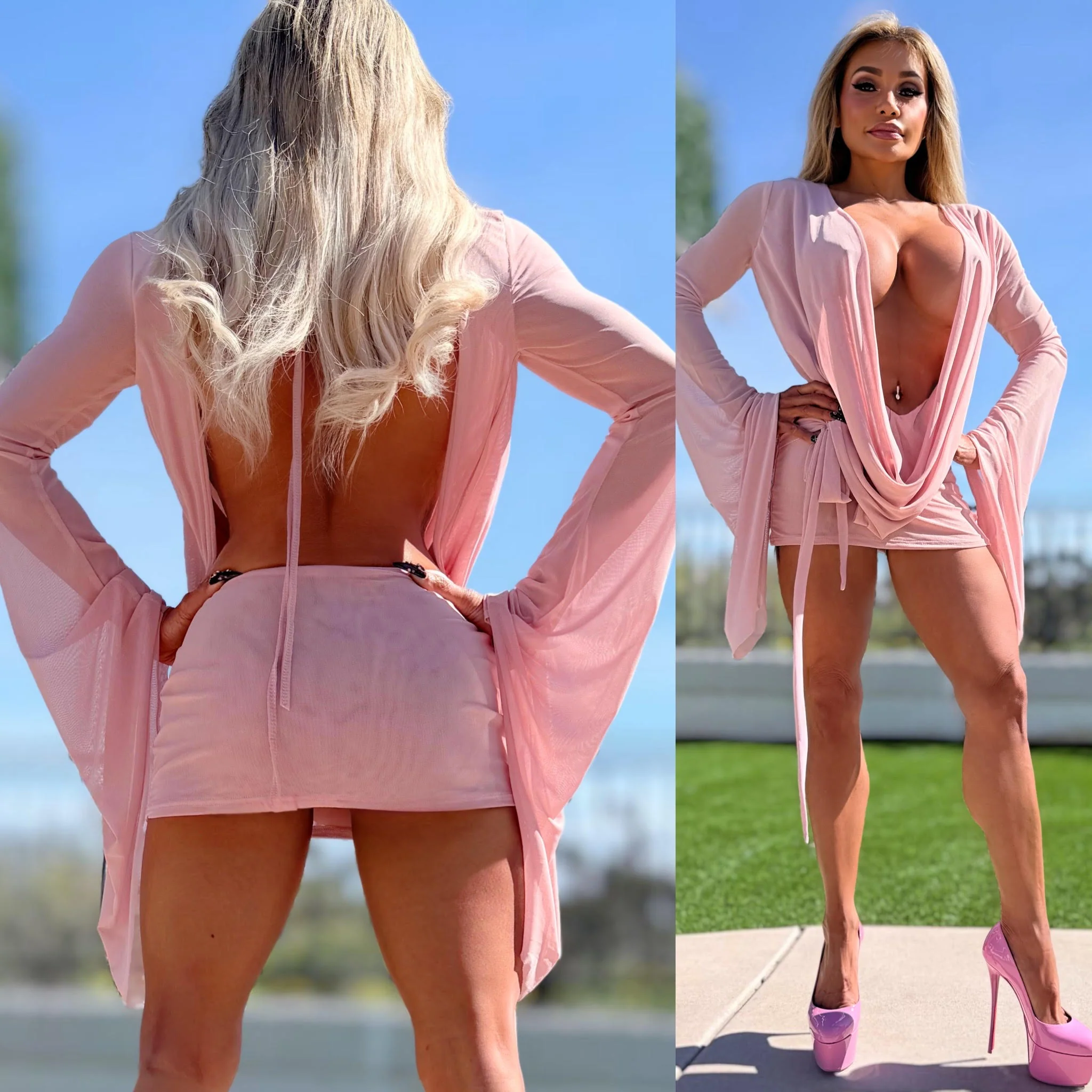 Connie's SUPER SHORT 😈 "RICH & DARING PINK DREAM MESH 🥂🍾  MINI" GIANT COWL Plunge,  Bell Sleeves, Not for the SHY - Image 6
