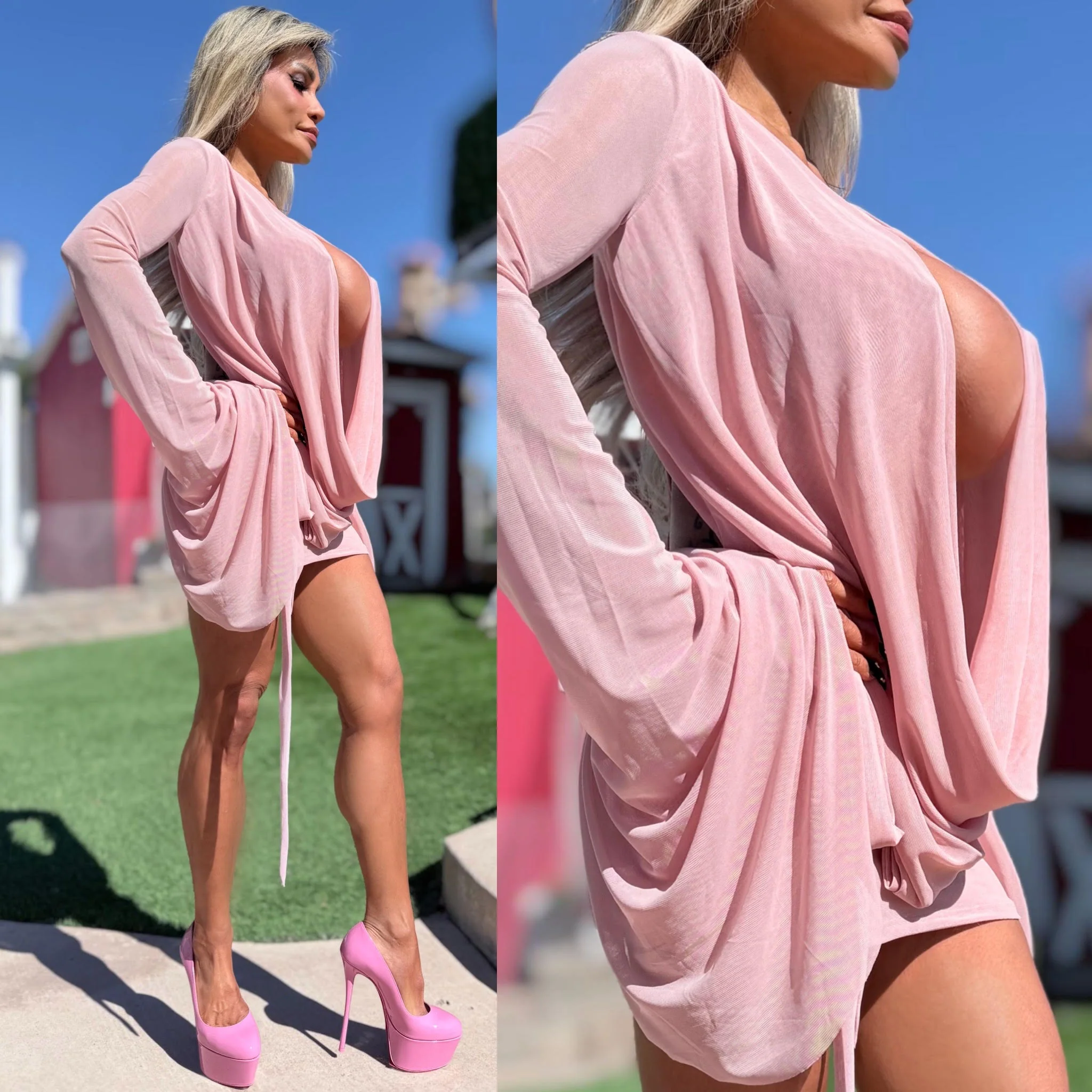 Connie's SUPER SHORT 😈 "RICH & DARING PINK DREAM MESH 🥂🍾  MINI" GIANT COWL Plunge,  Bell Sleeves, Not for the SHY - Image 7